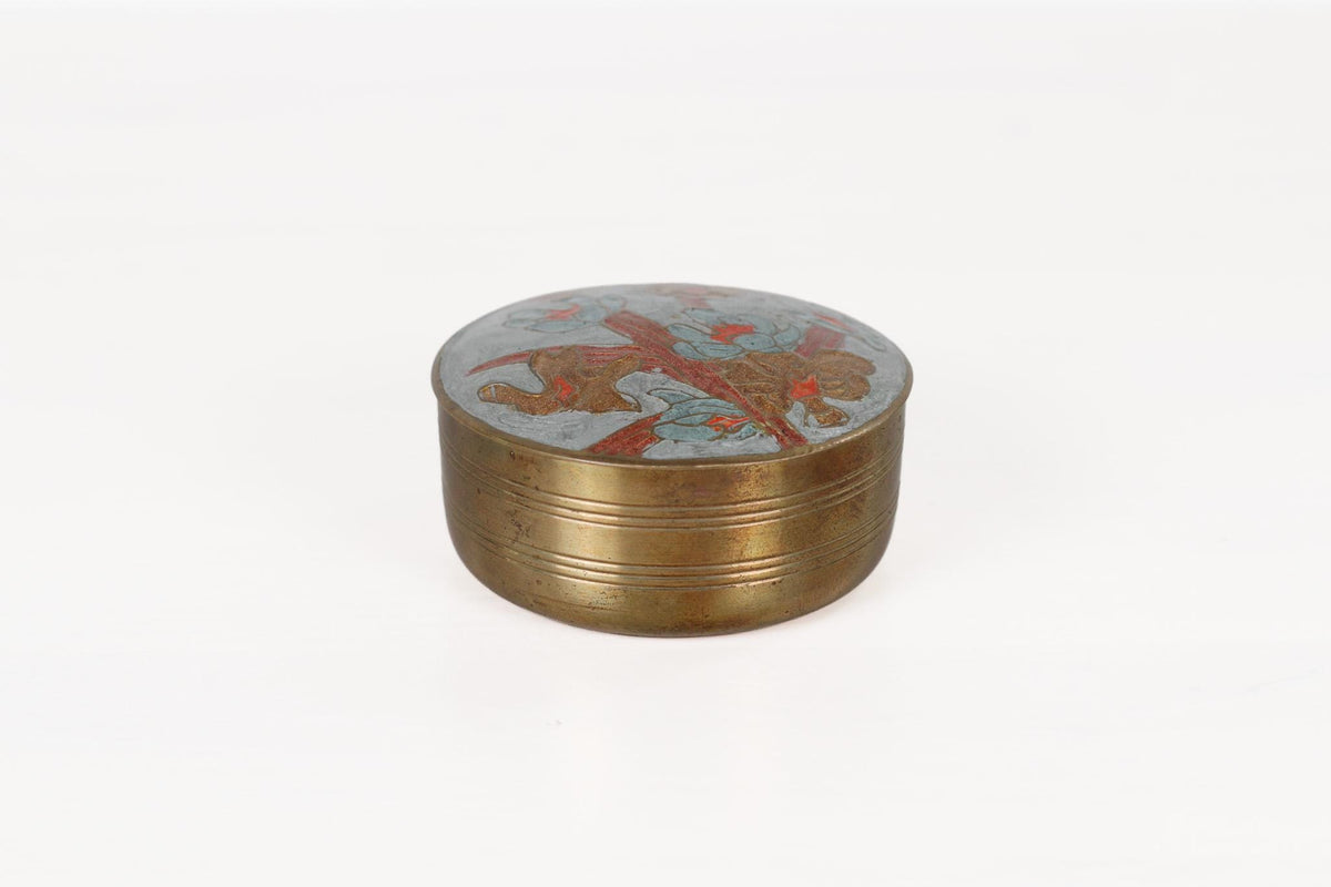 Vintage Brass Trinket Box with Enameled Floral Lid