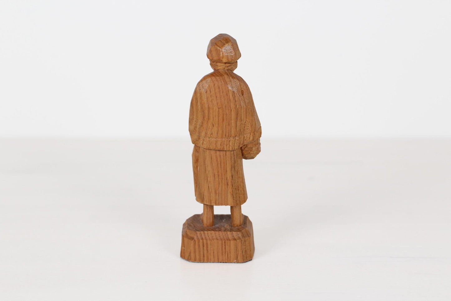Vintage Caron Hand-Carved Wood Figurine of Elderly Woman with Basket | Canadian Folk Art