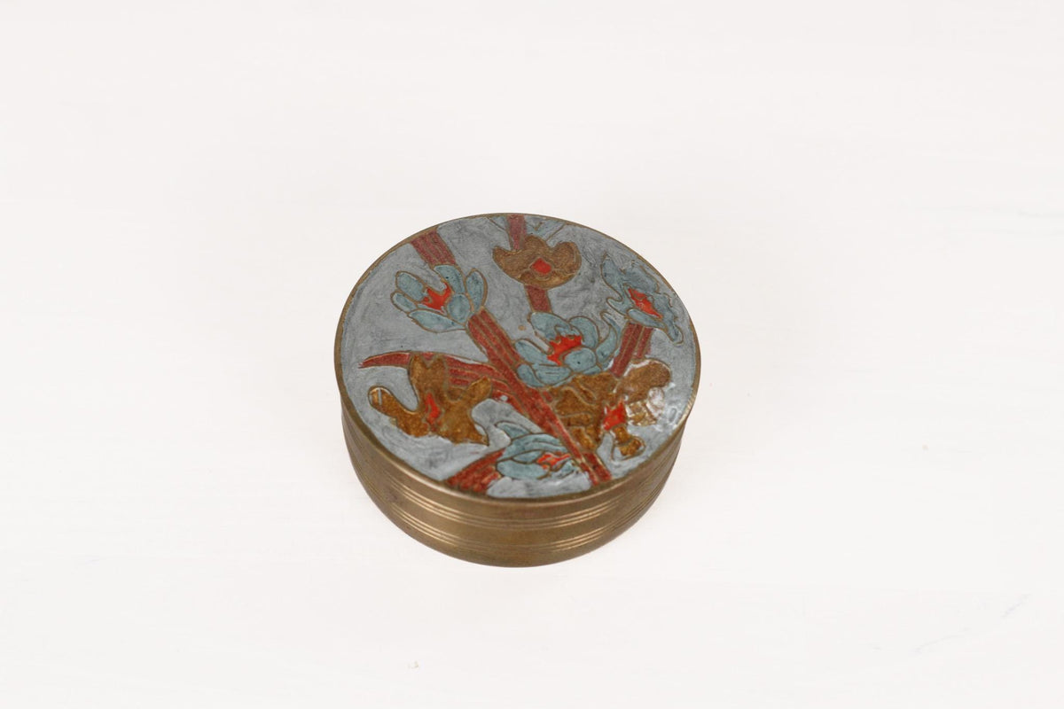Vintage Brass Trinket Box with Enameled Floral Lid