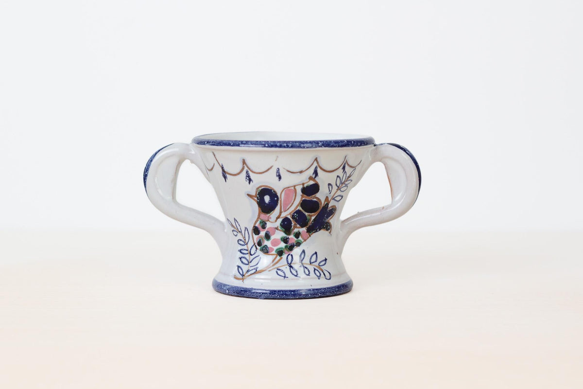 Vintage Italian Ceramic Sugar Bowl with Hand-Painted Bird