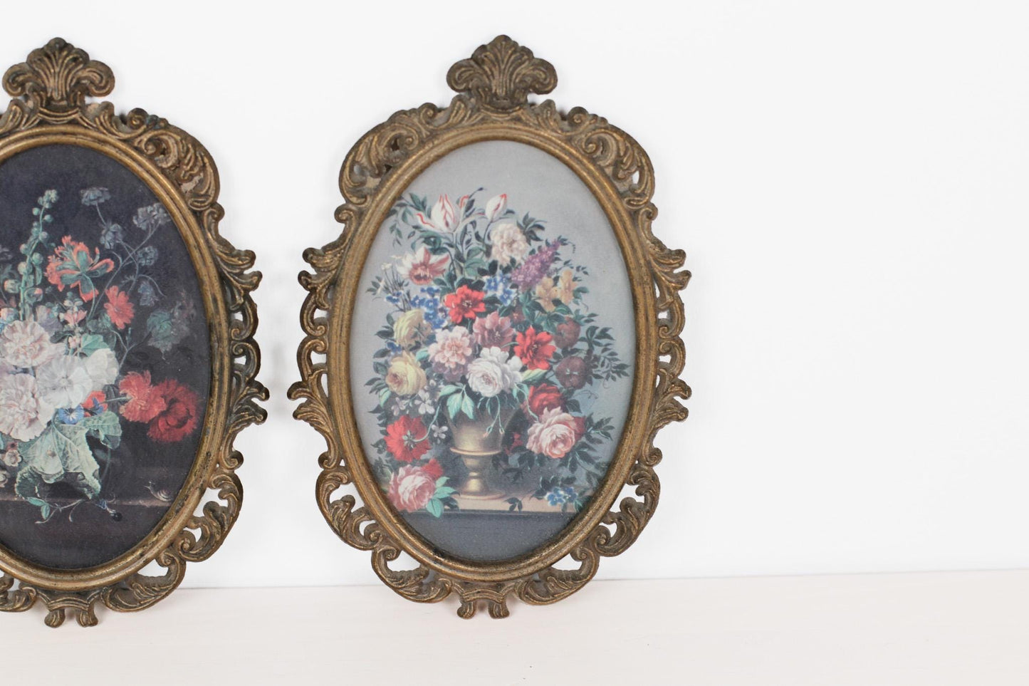 Pair of Vintage Italian Ornate Oval Frames with Floral Prints