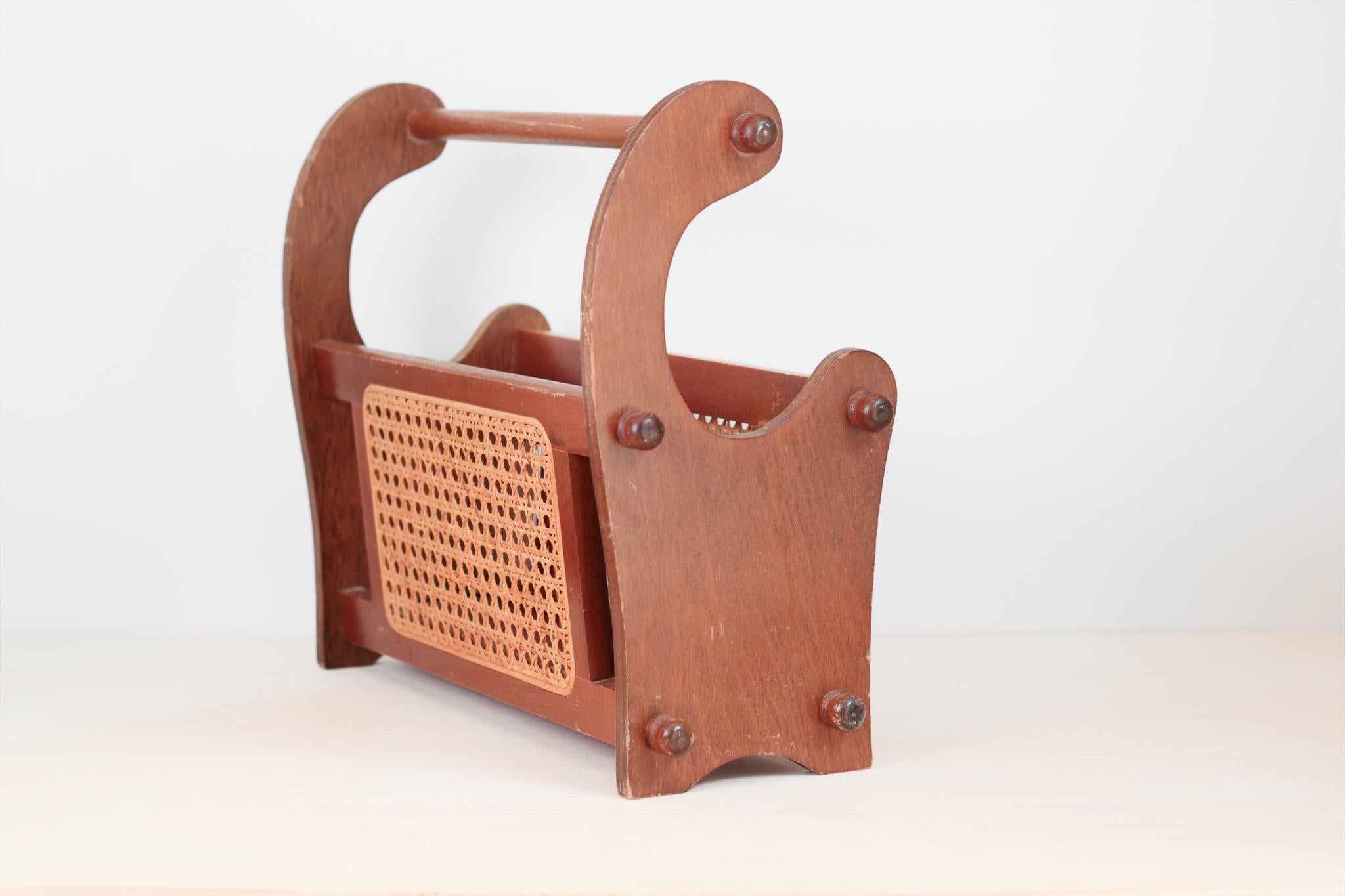 Vintage Wood and Cane Magazine Rack