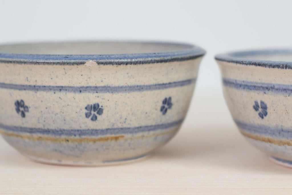 Pair of Vintage Blue Floral Studio Pottery Bowls, Signed by Artist