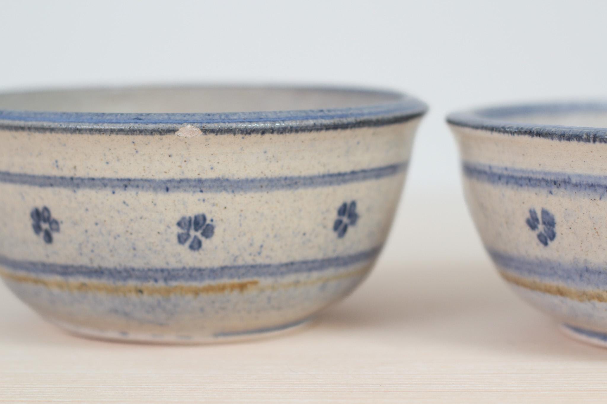 Pair of Vintage Blue Floral Studio Pottery Bowls, Signed by Artist