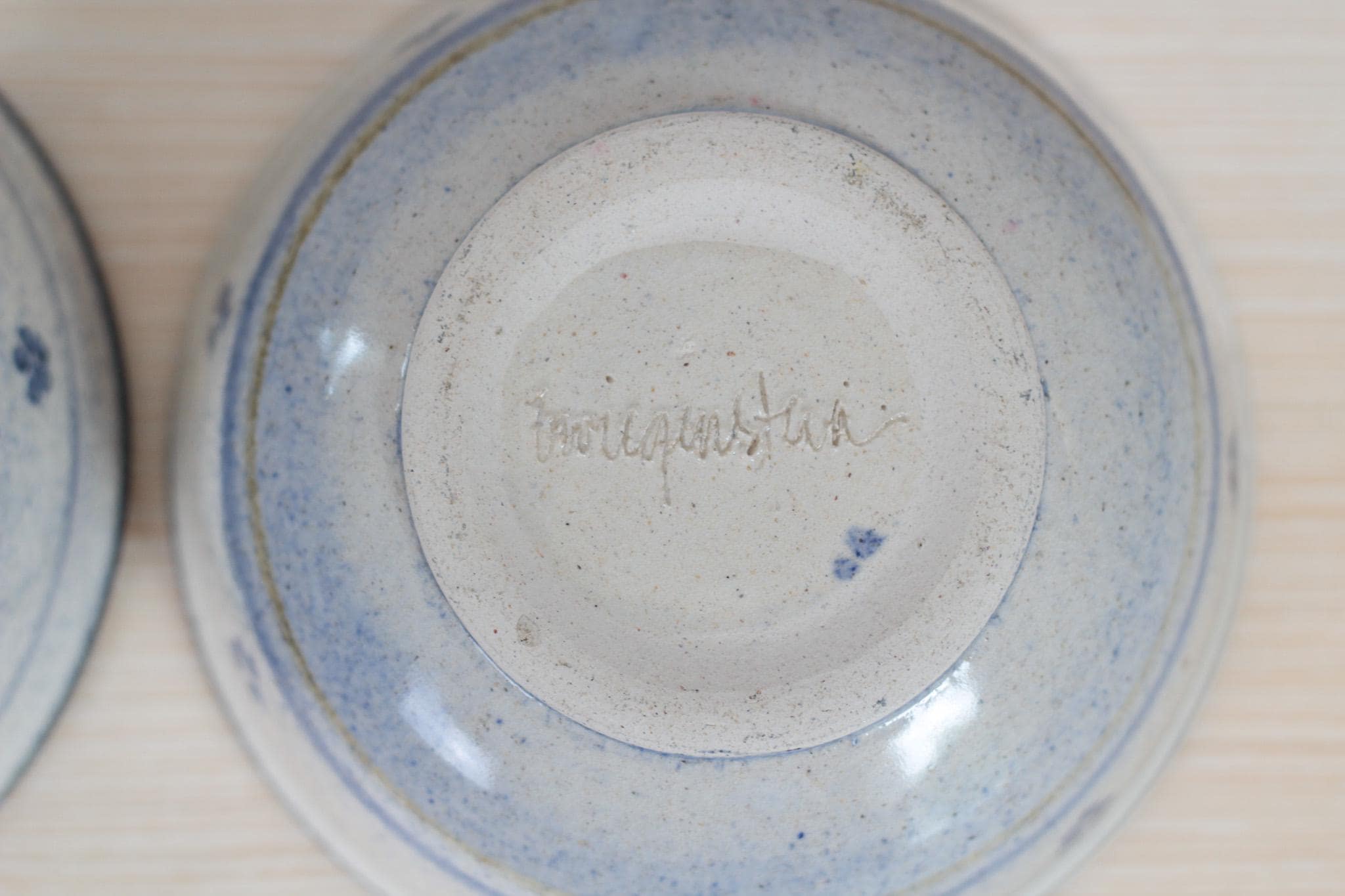Pair of Vintage Blue Floral Studio Pottery Bowls, Signed by Artist