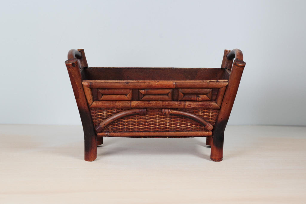 Mid-Century Chinoiserie Bamboo Rattan Footed Planter with Handles