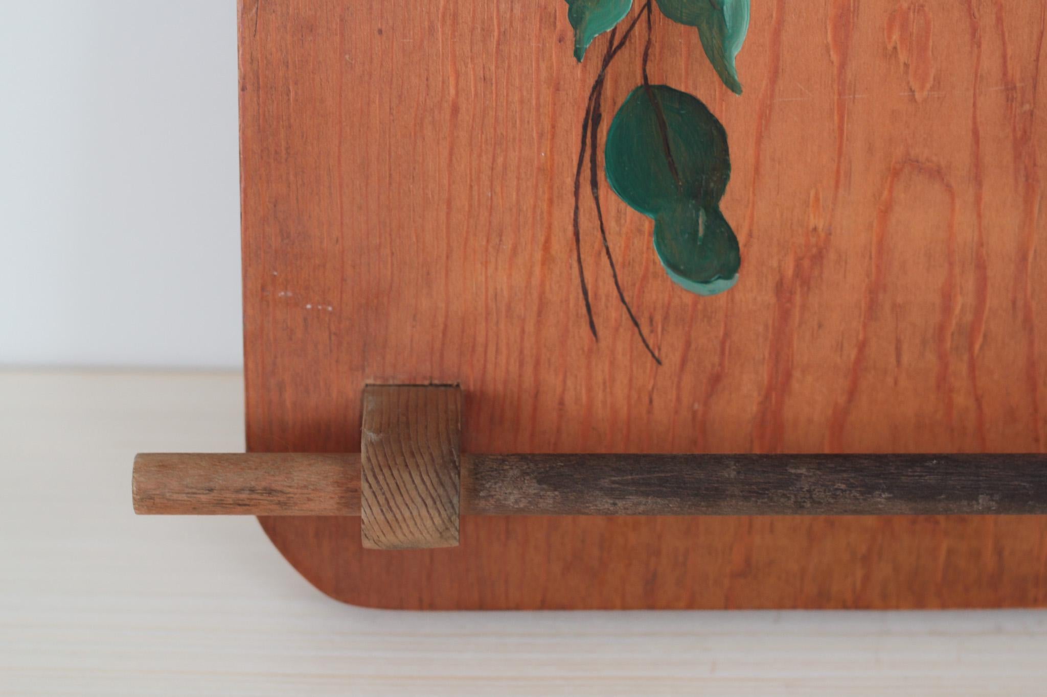 Vintage Wood Kitchen Towel Holder with Hand-Painted Pear Motif