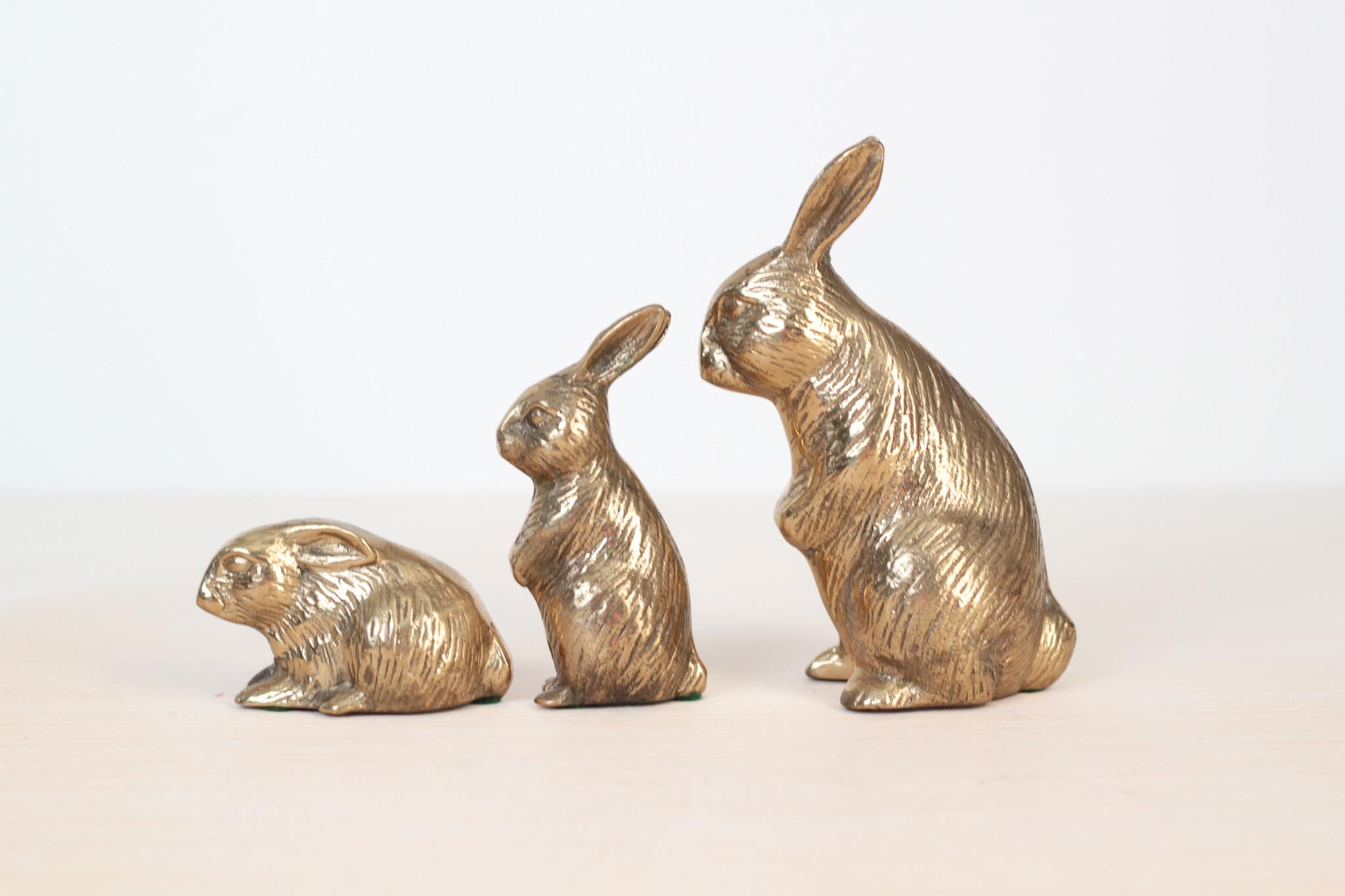 Set of 3 Vintage Solid Brass Bunny Rabbit Figurines