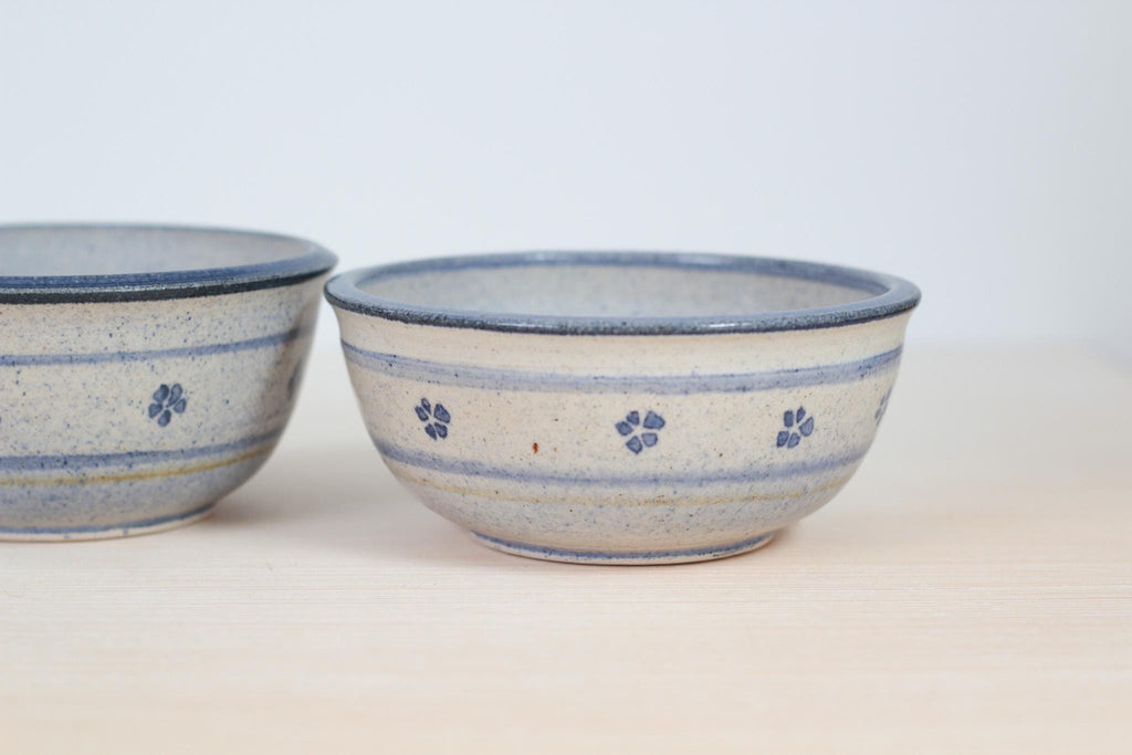 Pair of Vintage Blue Floral Studio Pottery Bowls, Signed by Artist