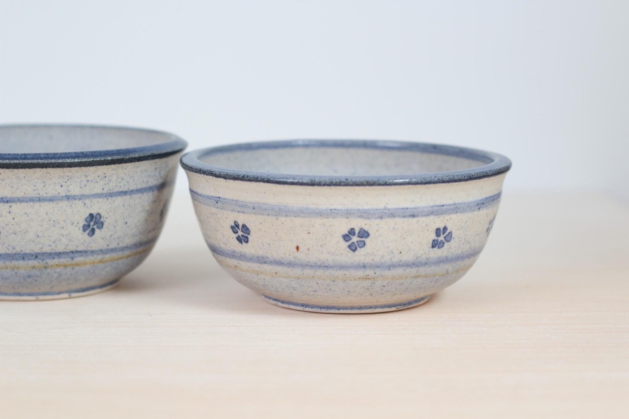 Pair of Vintage Blue Floral Studio Pottery Bowls, Signed by Artist