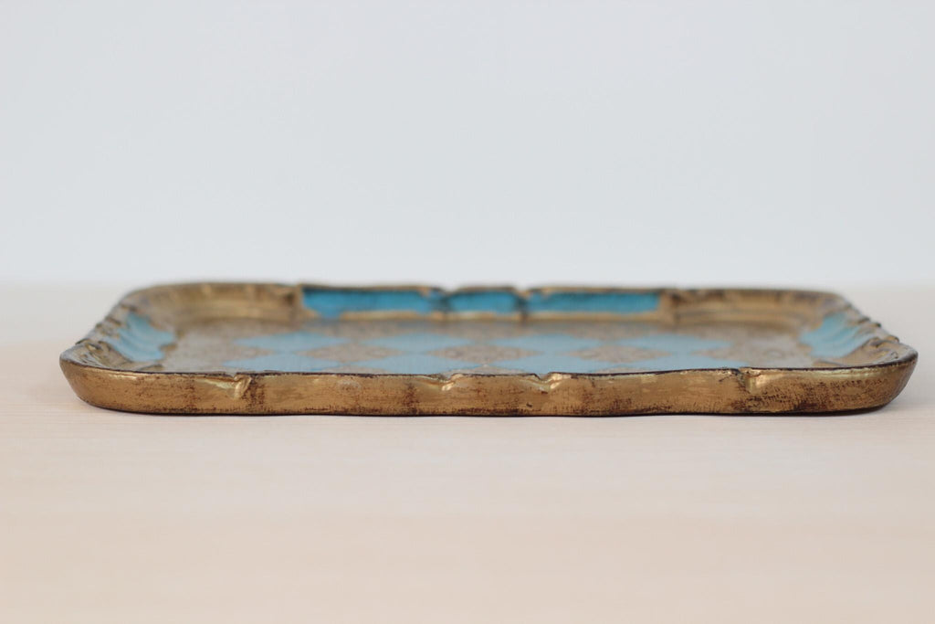 Vintage Italian Florentine Rectangle Tray in Turquoise & Gold