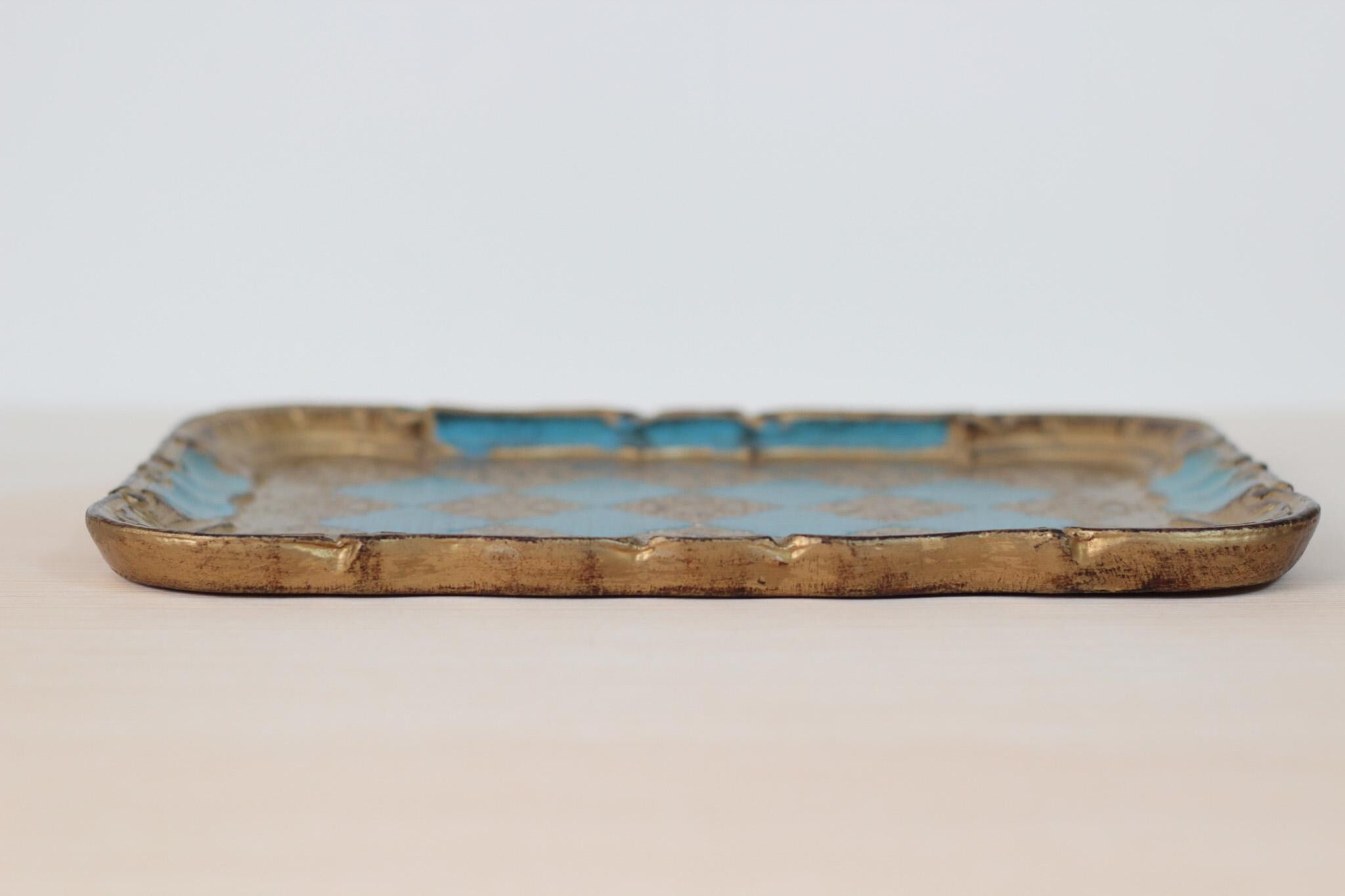 Vintage Italian Florentine Rectangle Tray in Turquoise & Gold