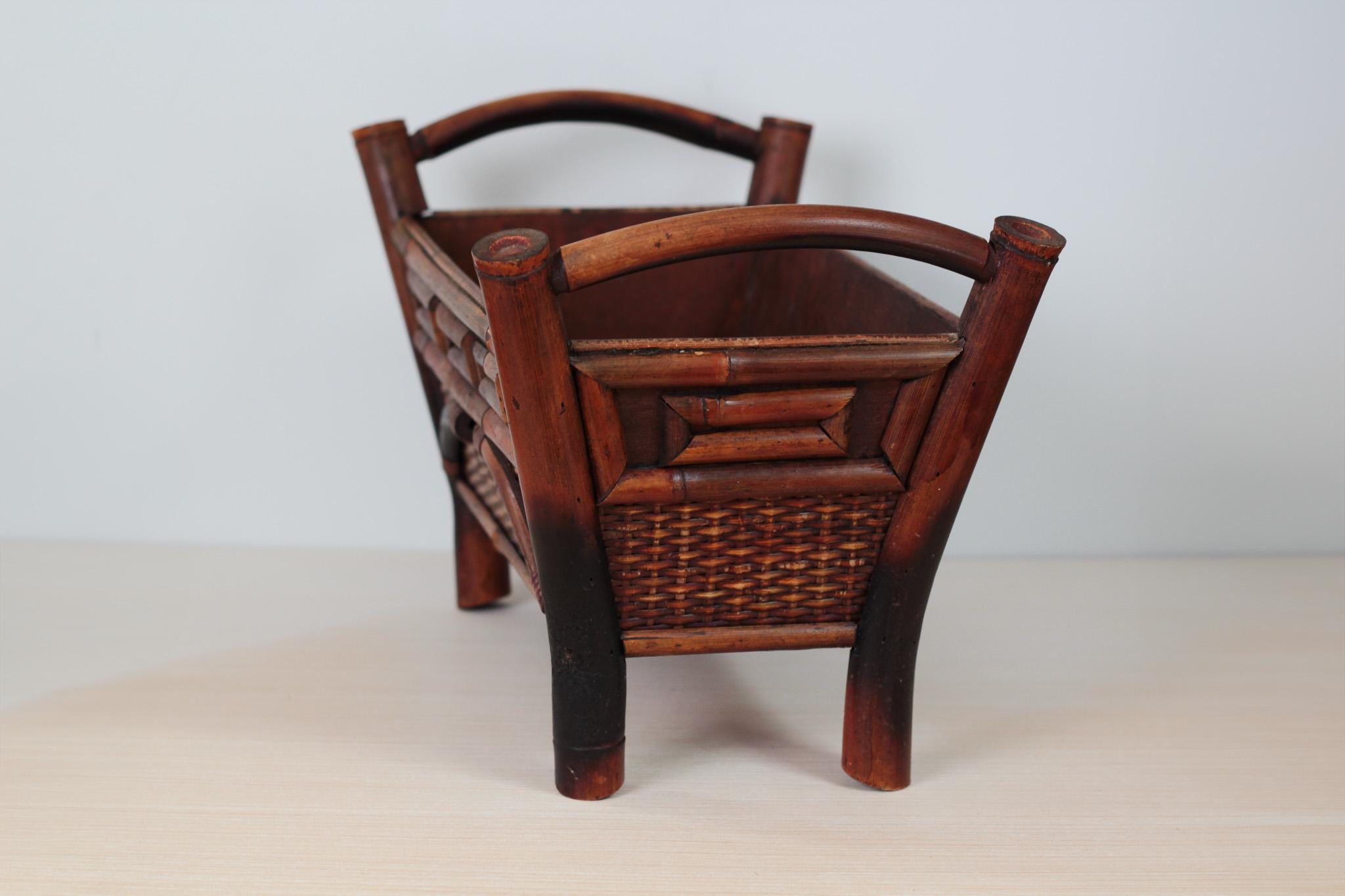 Mid-Century Chinoiserie Bamboo Rattan Footed Planter with Handles