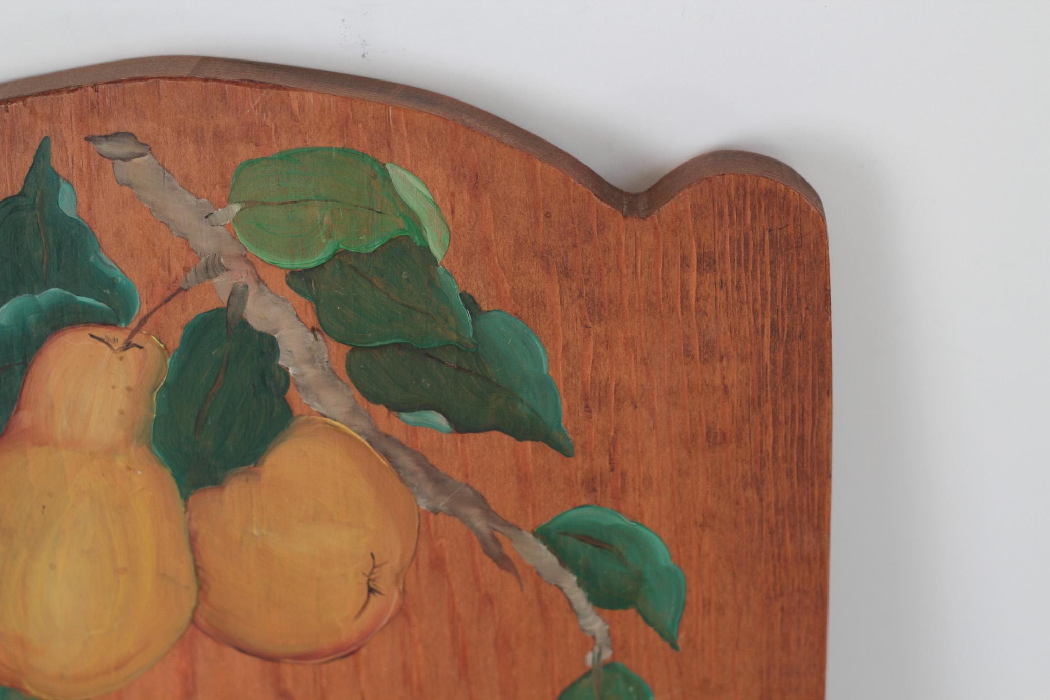 Vintage Wood Kitchen Towel Holder with Hand-Painted Pear Motif