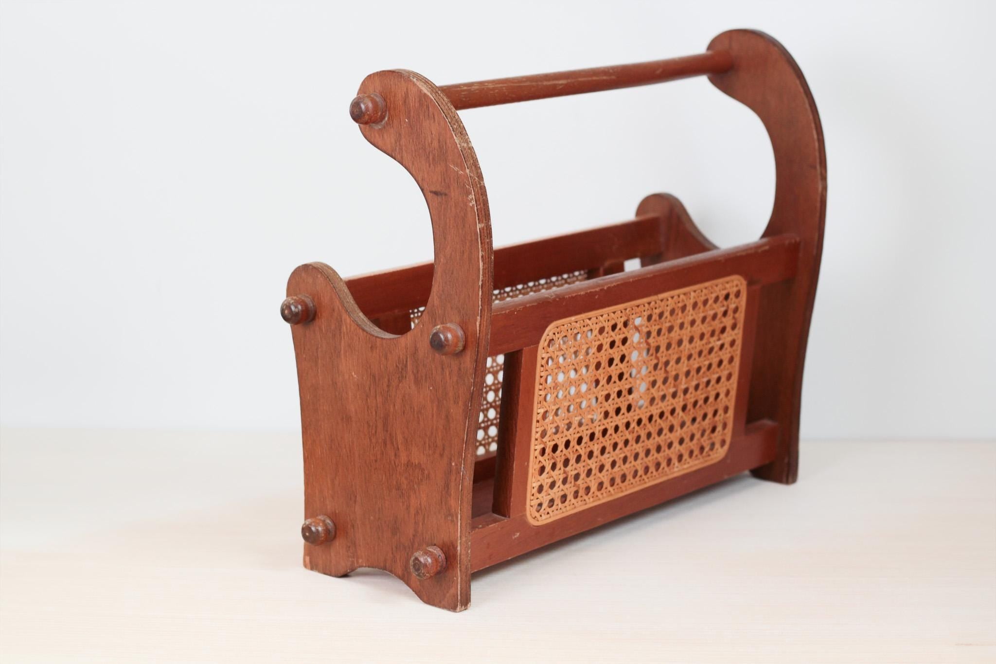 Vintage Wood and Cane Magazine Rack