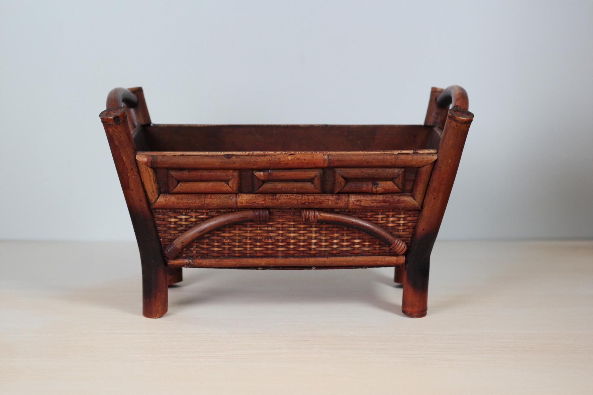 Mid-Century Chinoiserie Bamboo Rattan Footed Planter with Handles