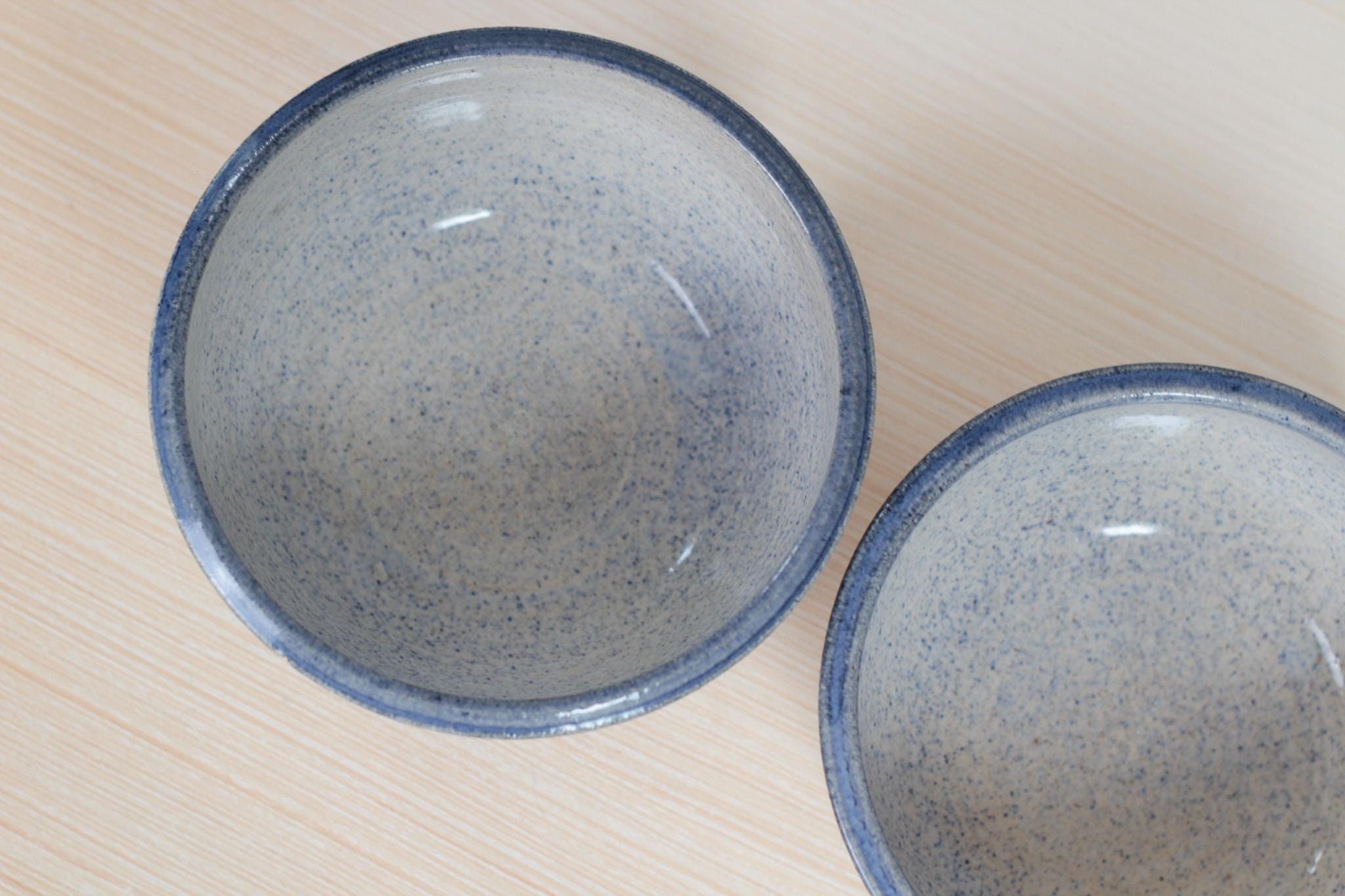 Pair of Vintage Blue Floral Studio Pottery Bowls, Signed by Artist
