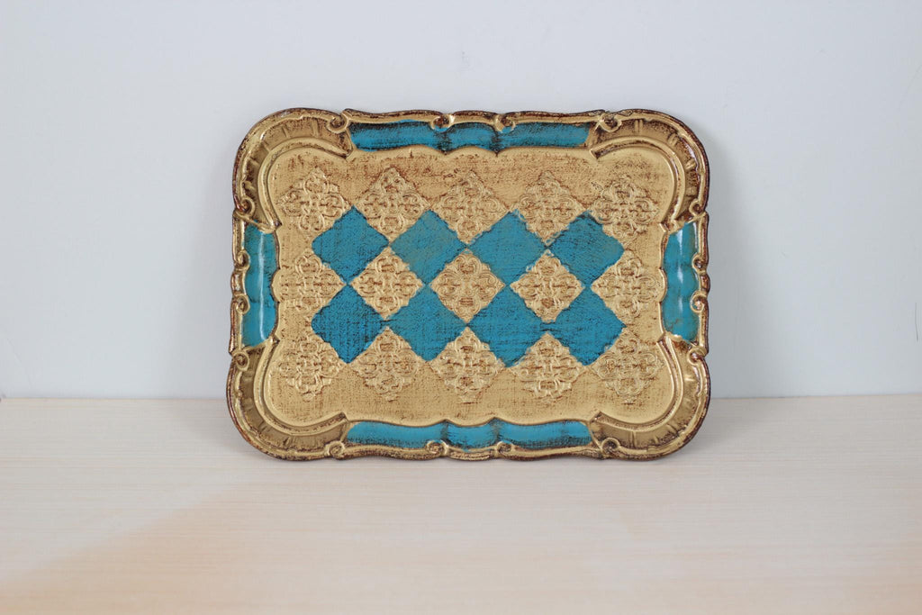Vintage Italian Florentine Rectangle Tray in Turquoise & Gold