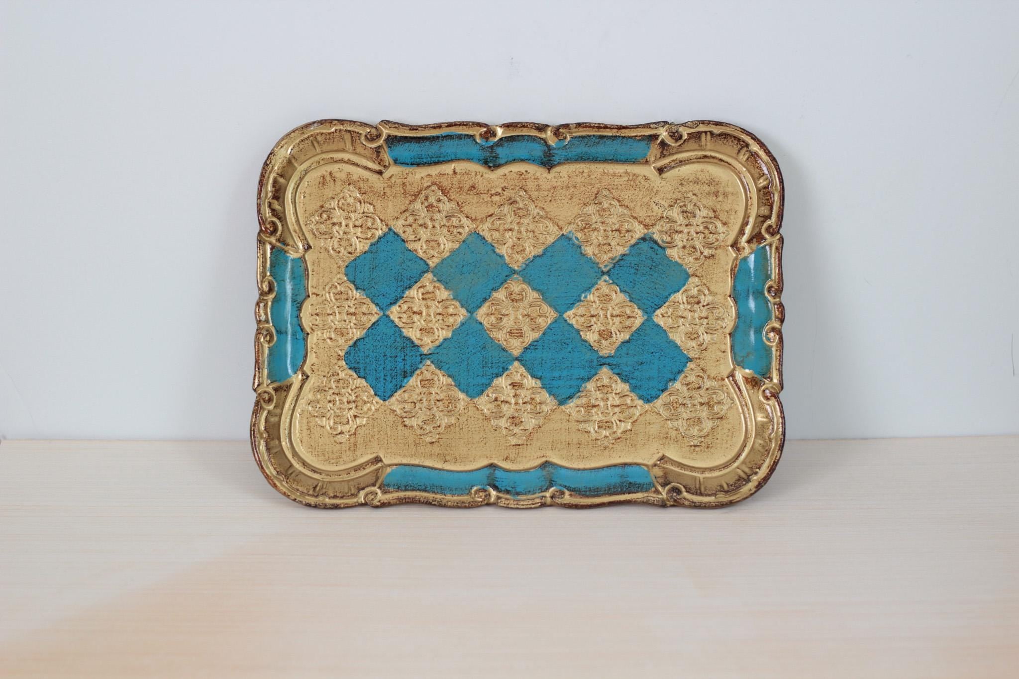 Vintage Italian Florentine Rectangle Tray in Turquoise & Gold