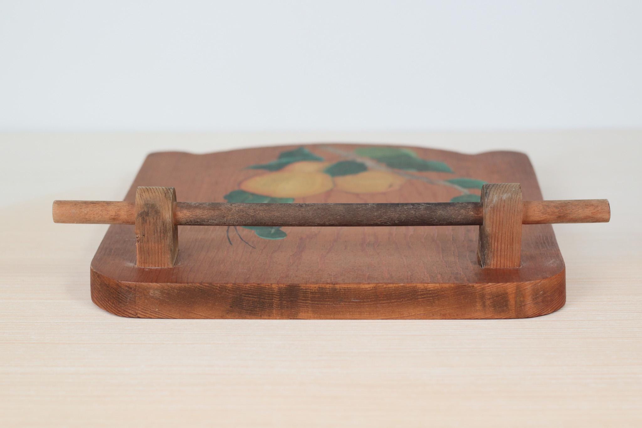 Vintage Wood Kitchen Towel Holder with Hand-Painted Pear Motif