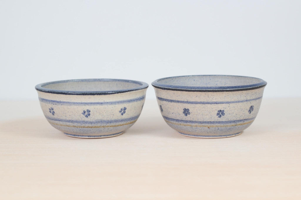 Pair of Vintage Blue Floral Studio Pottery Bowls, Signed by Artist