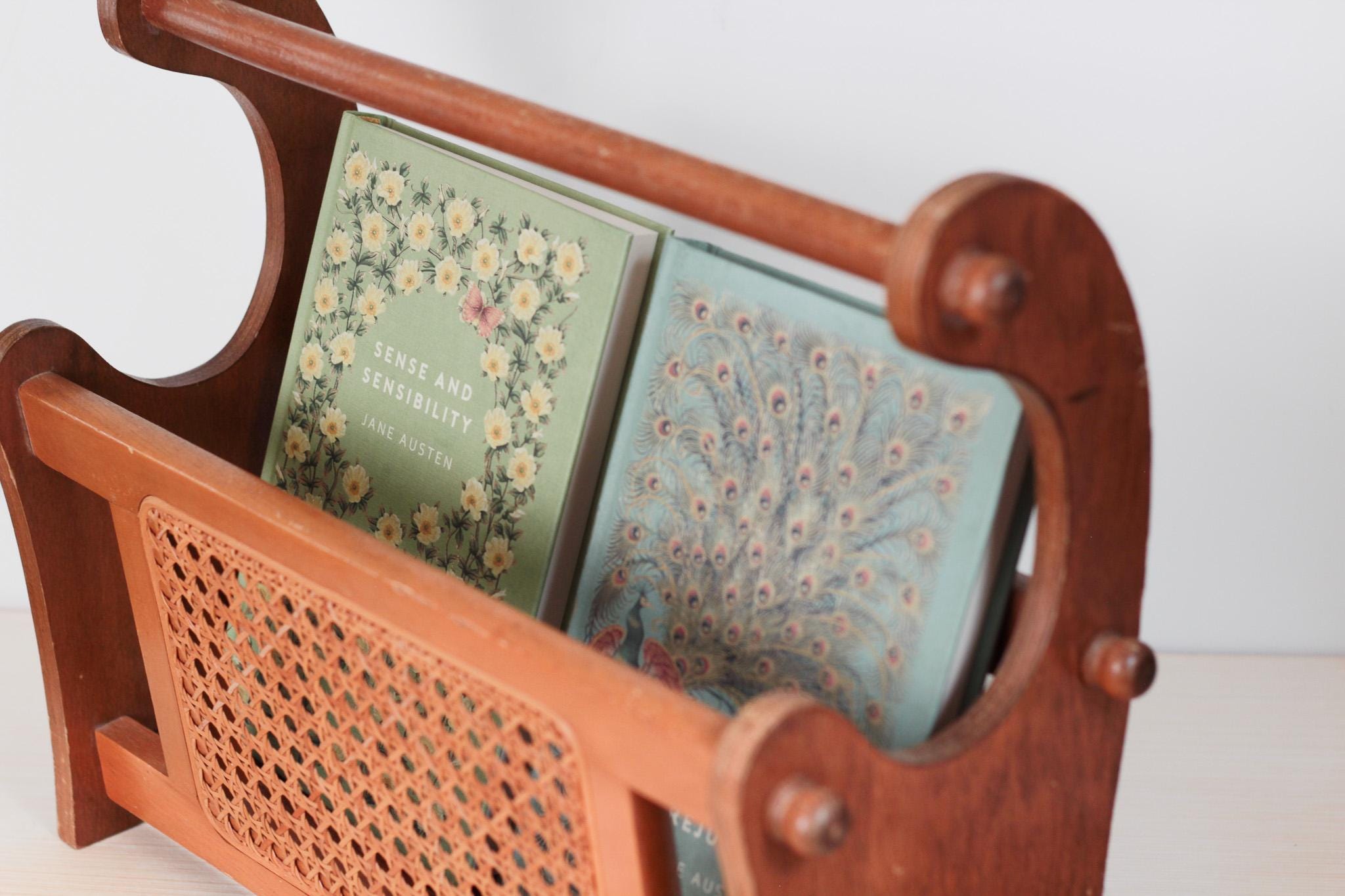 Vintage Wood and Cane Magazine Rack