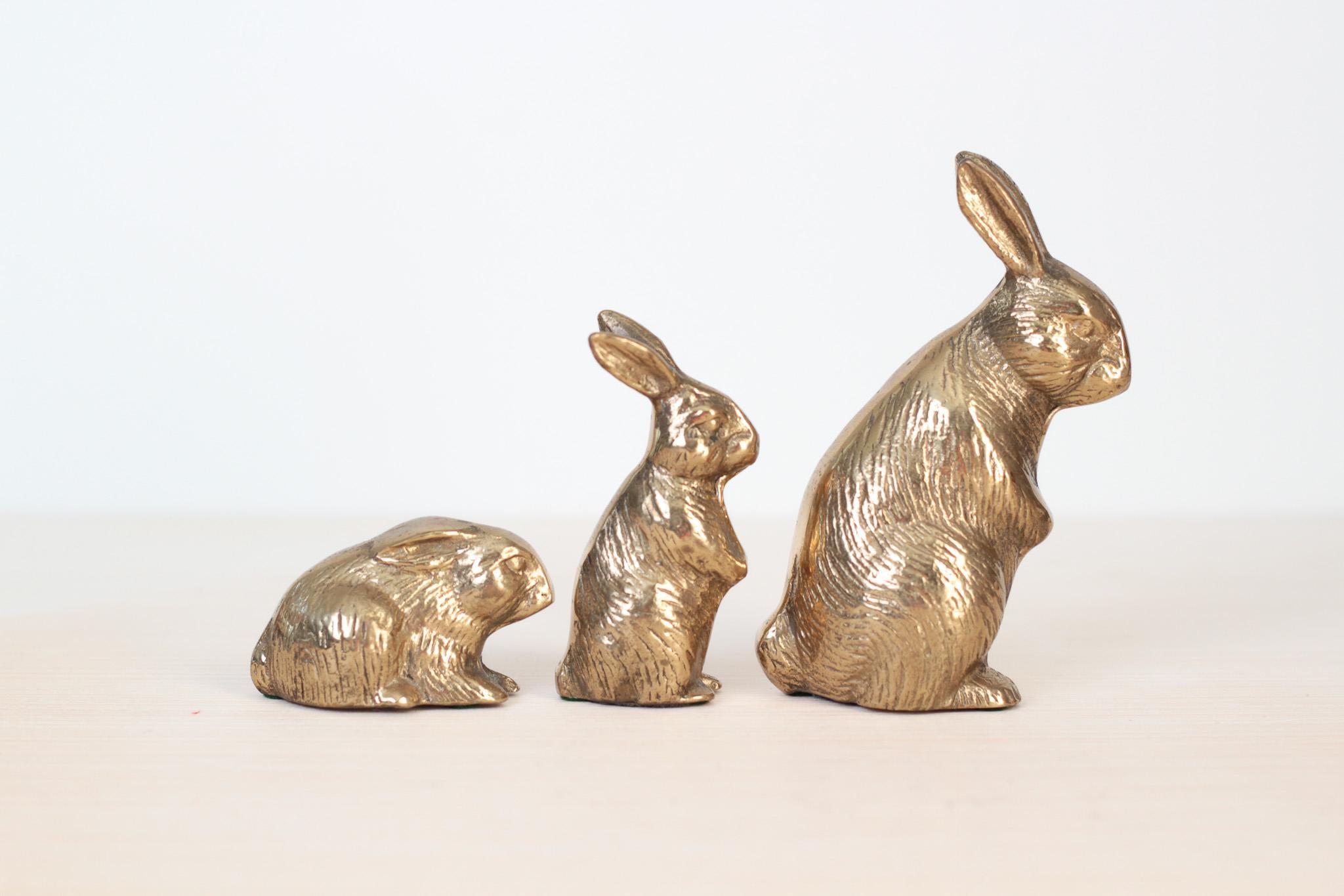 Set of 3 Vintage Solid Brass Bunny Rabbit Figurines