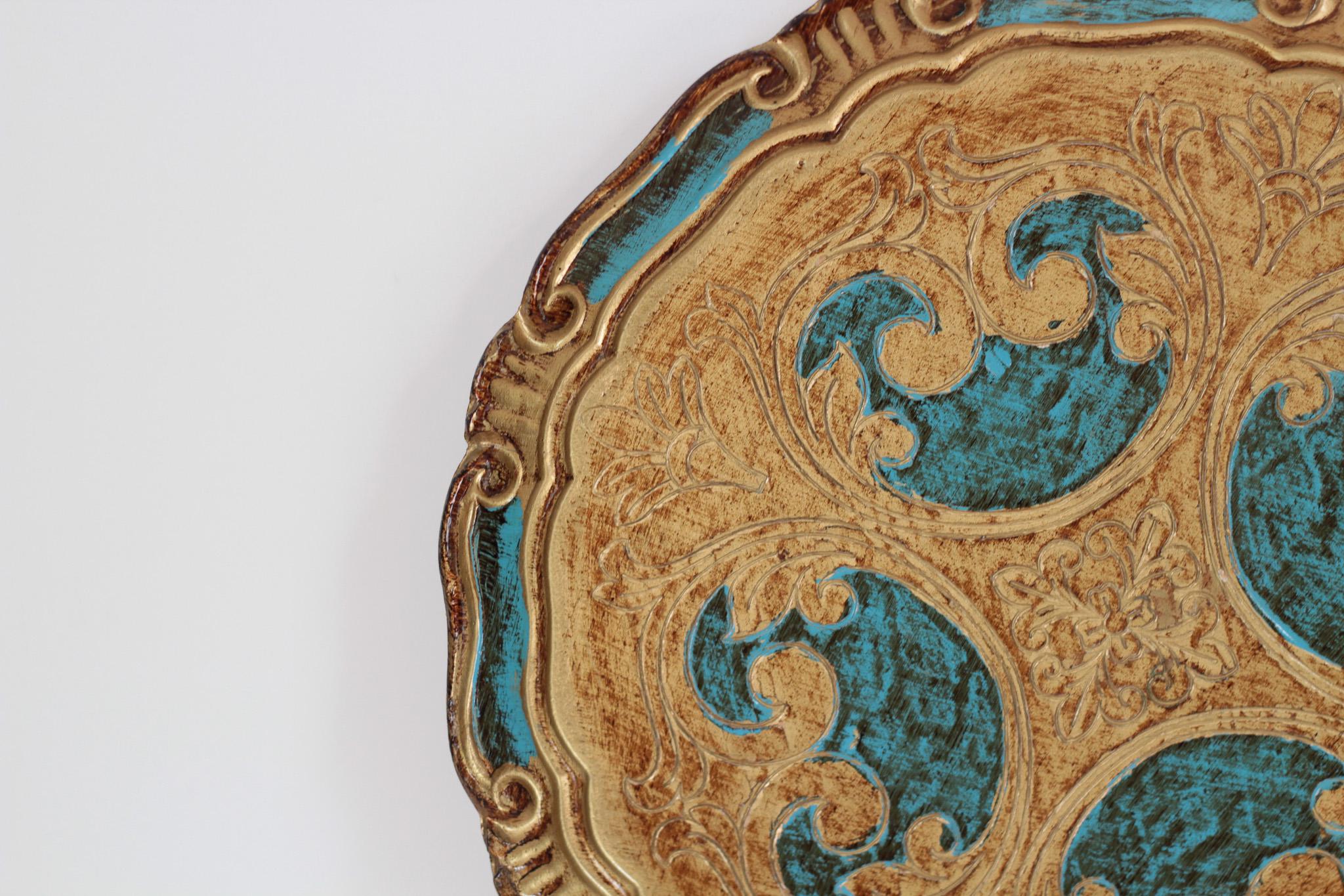 Vintage Italian Florentine Round Tray in Turquoise & Gold