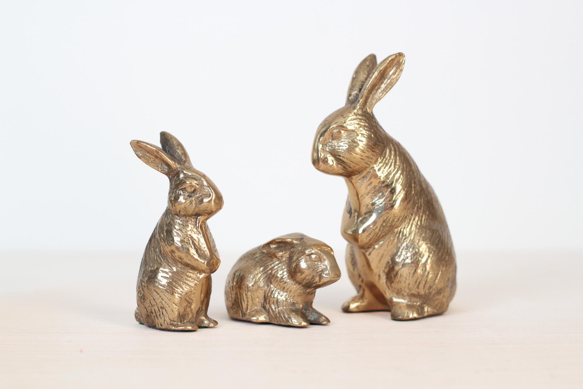Set of 3 Vintage Solid Brass Bunny Rabbit Figurines