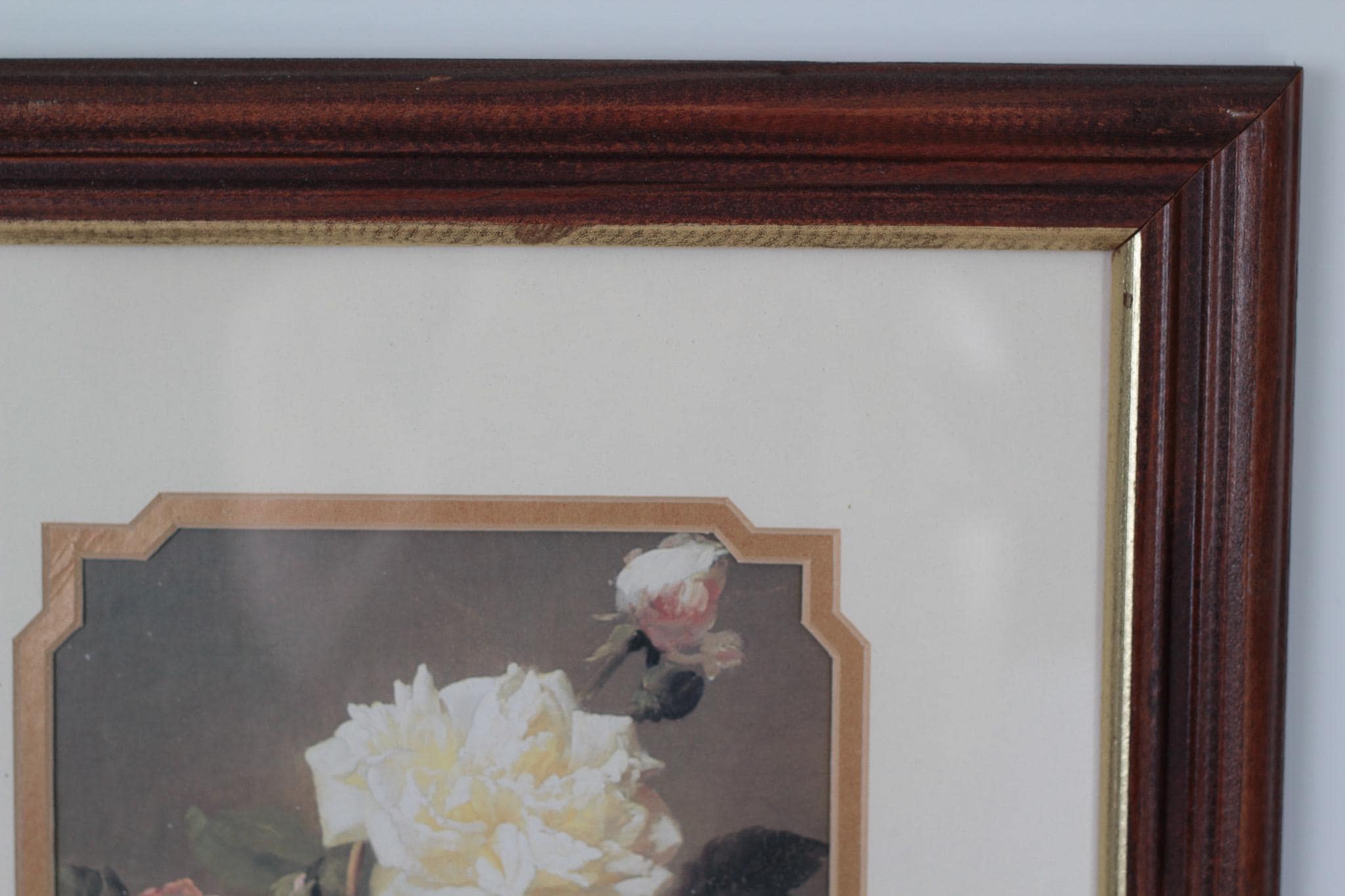 Vintage Moody Floral Rose Print in Wood Frame with Glass