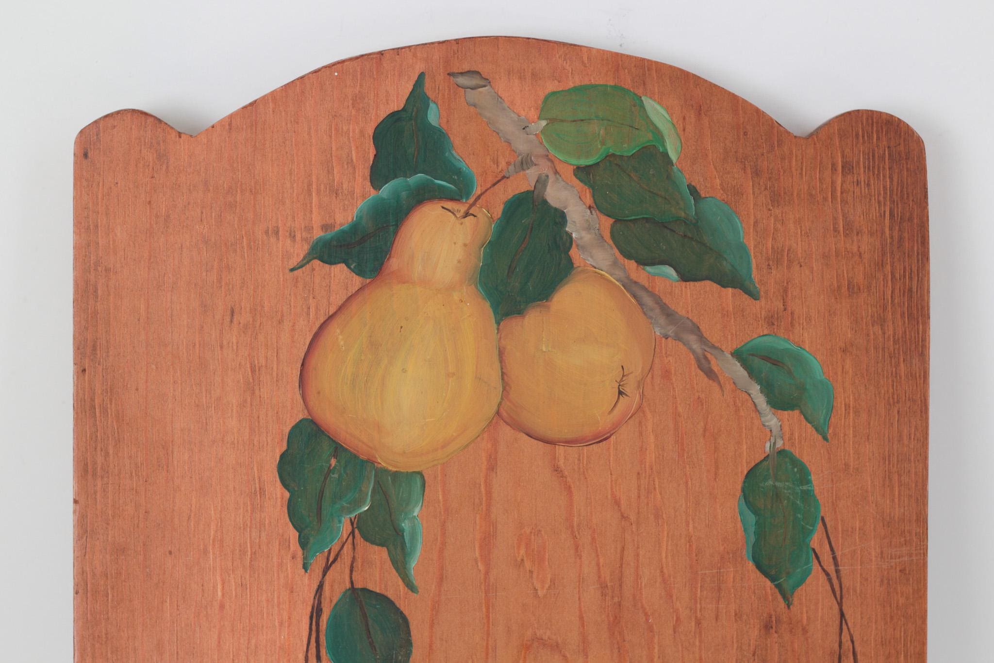 Vintage Wood Kitchen Towel Holder with Hand-Painted Pear Motif