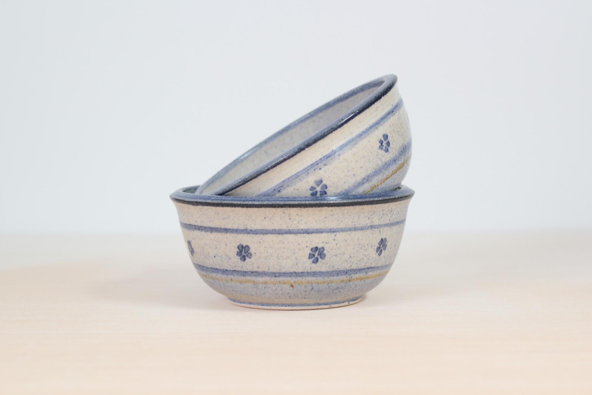 Pair of Vintage Blue Floral Studio Pottery Bowls, Signed by Artist