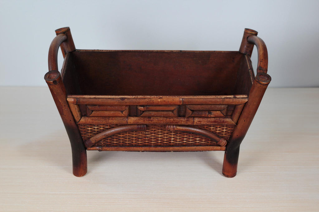 Mid-Century Chinoiserie Bamboo Rattan Footed Planter with Handles