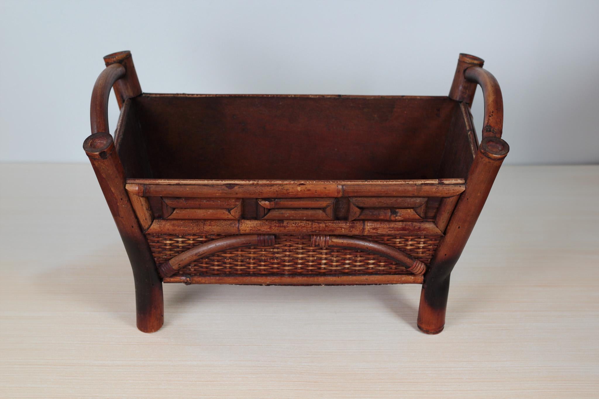 Mid-Century Chinoiserie Bamboo Rattan Footed Planter with Handles