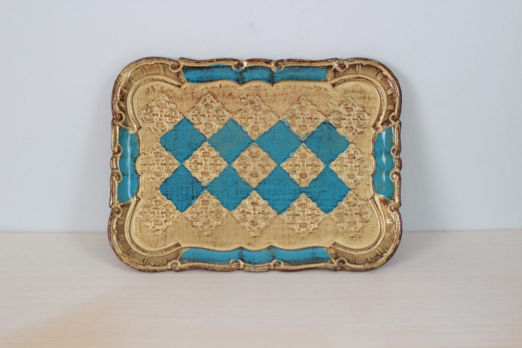 Vintage Italian Florentine Rectangle Tray in Turquoise & Gold