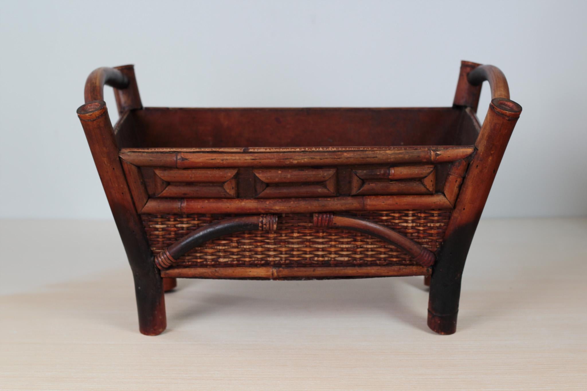 Mid-Century Chinoiserie Bamboo Rattan Footed Planter with Handles