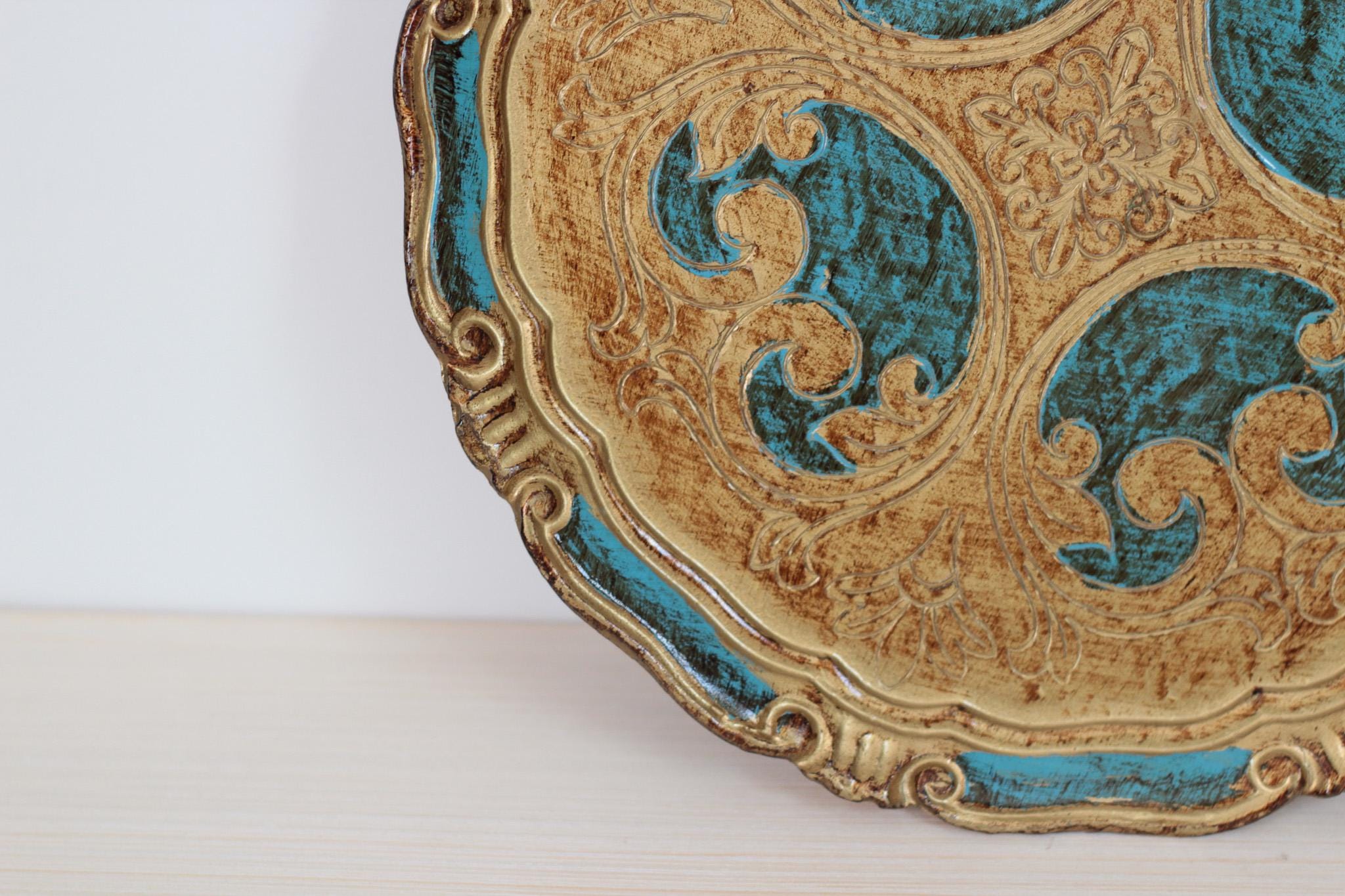 Vintage Italian Florentine Round Tray in Turquoise & Gold