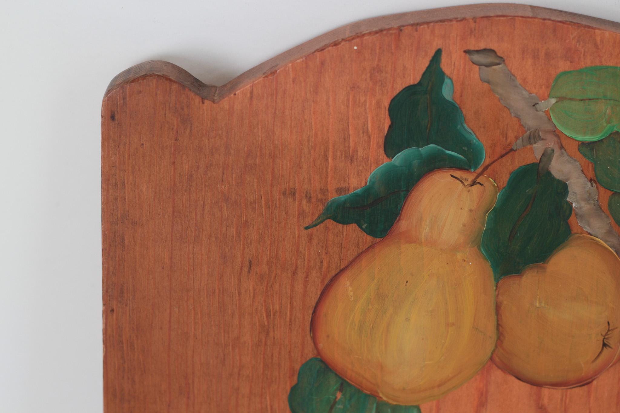 Vintage Wood Kitchen Towel Holder with Hand-Painted Pear Motif