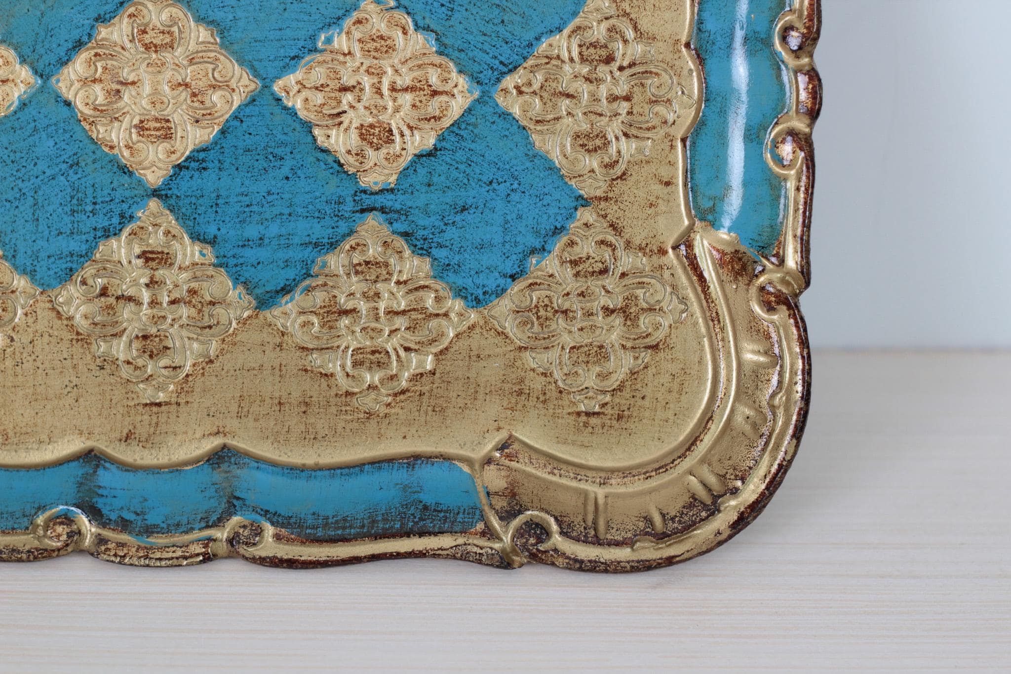 Vintage Italian Florentine Rectangle Tray in Turquoise & Gold