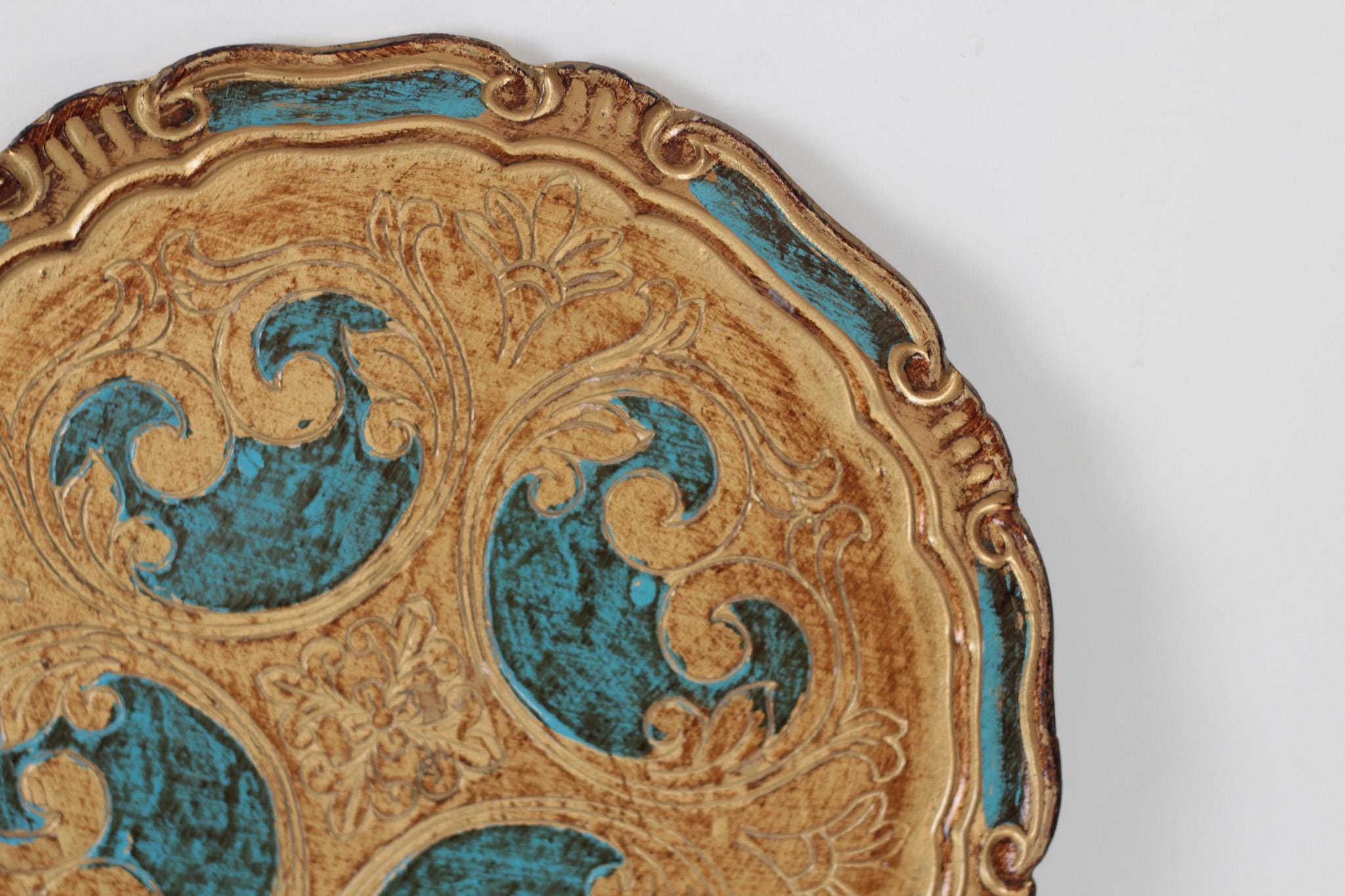 Vintage Italian Florentine Round Tray in Turquoise & Gold