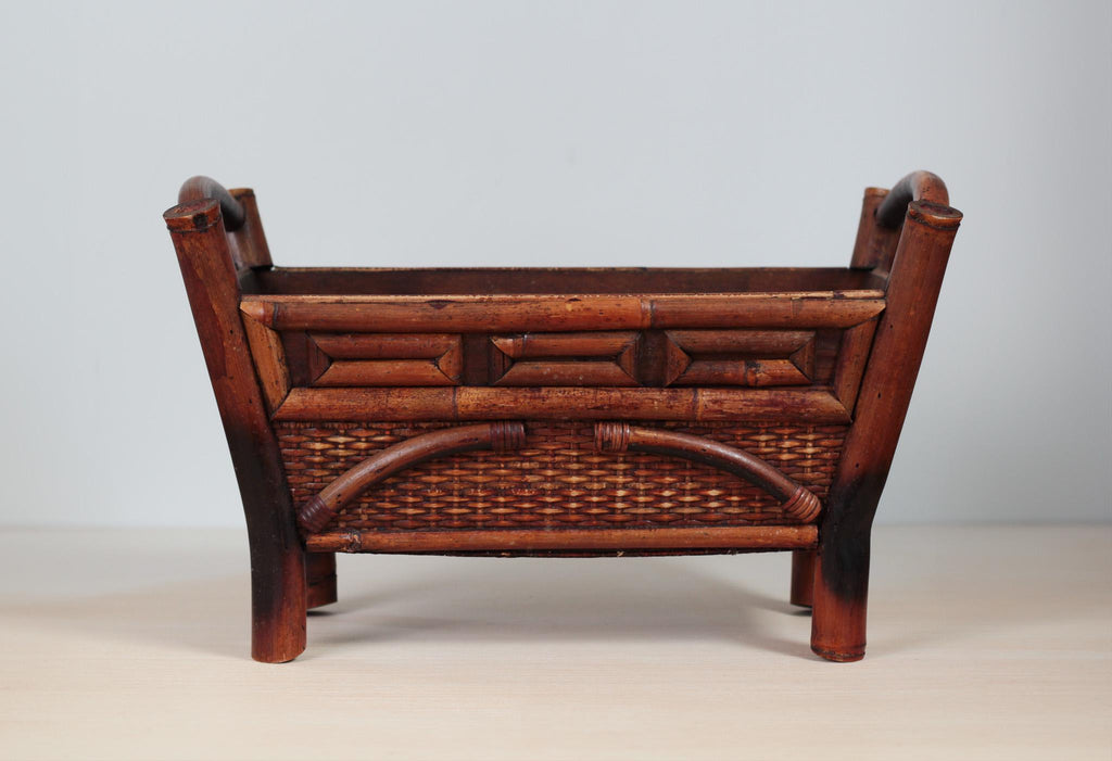 Mid-Century Chinoiserie Bamboo Rattan Footed Planter with Handles