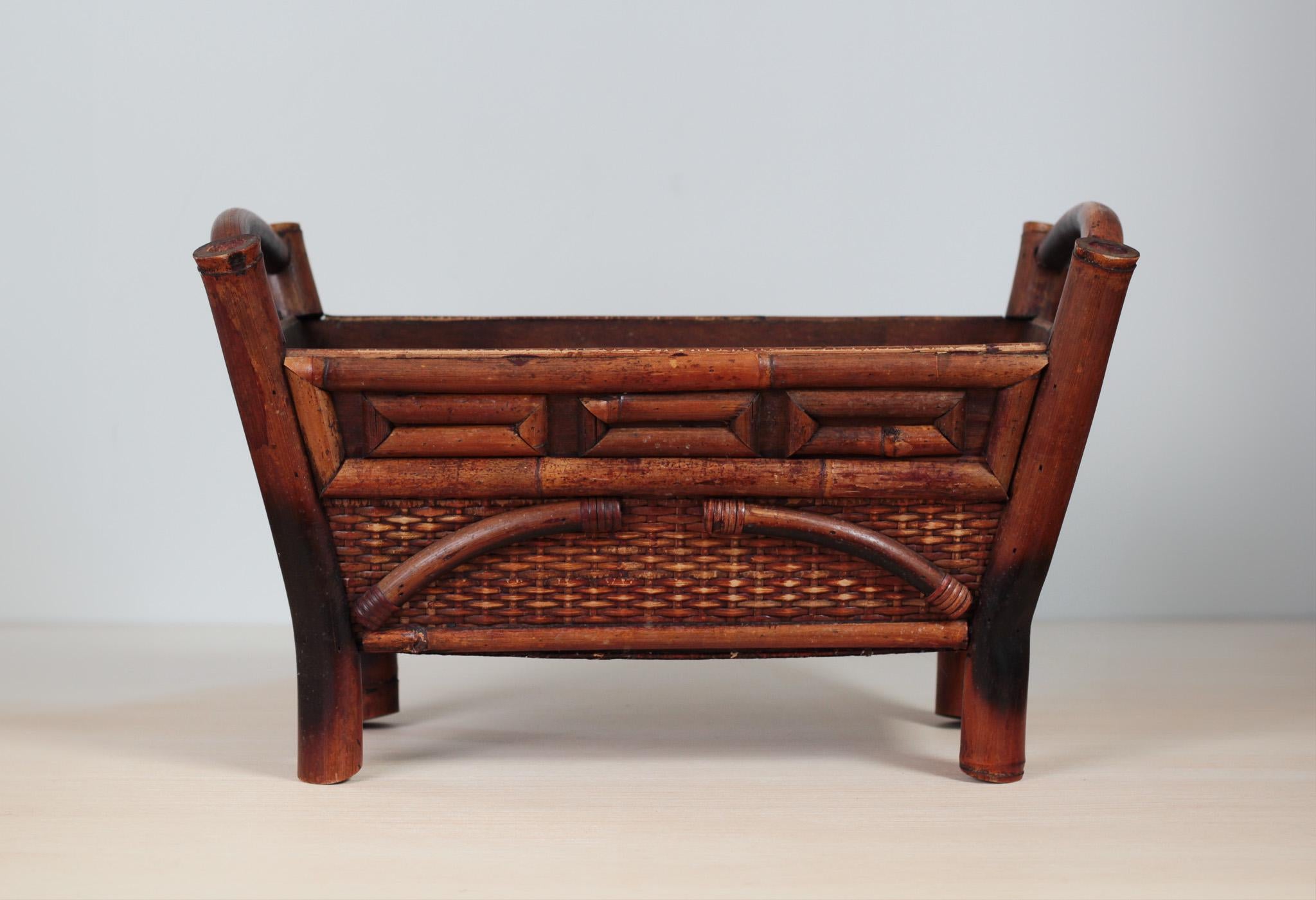 Mid-Century Chinoiserie Bamboo Rattan Footed Planter with Handles