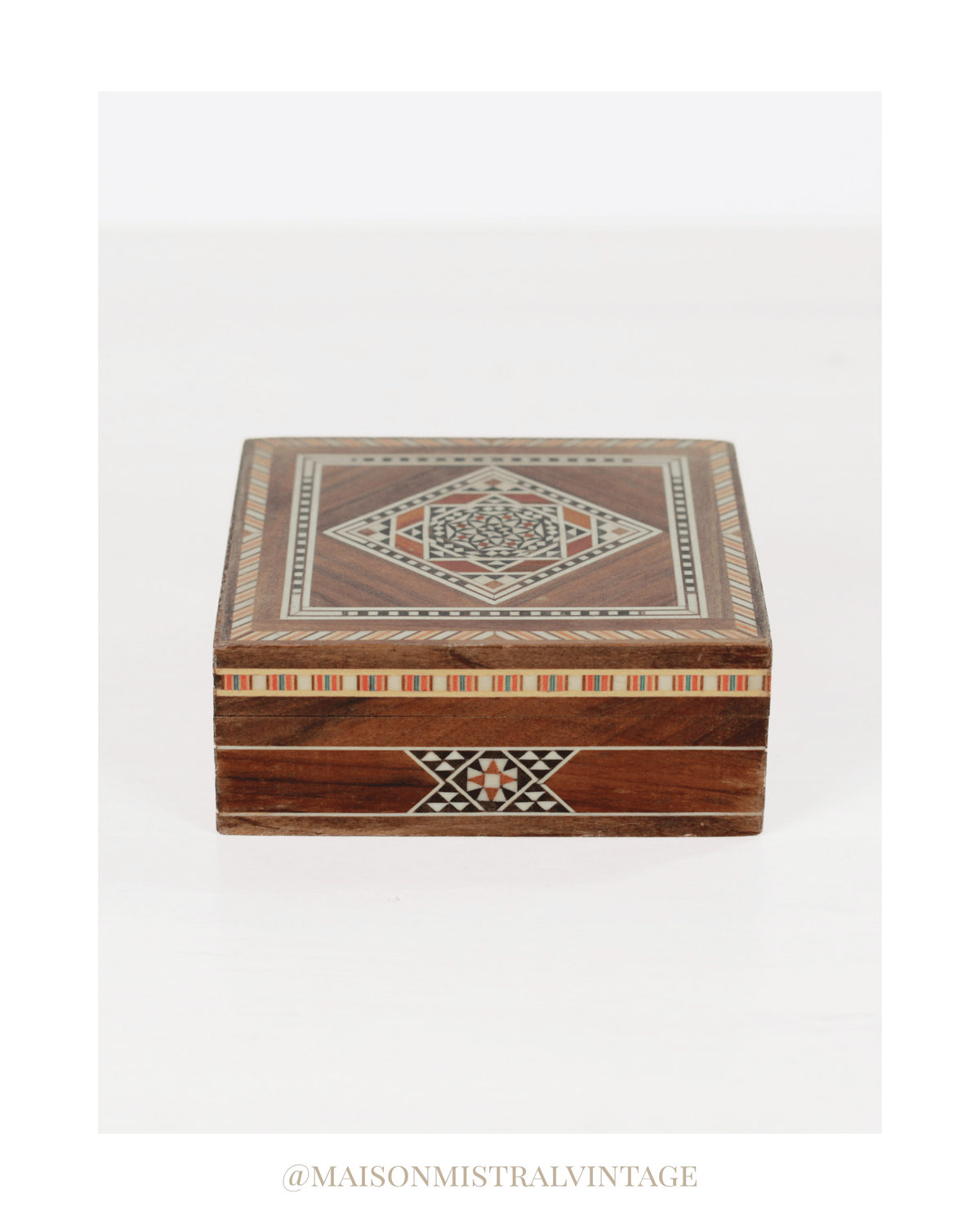 Vintage Wooden Marquetry Inlay Box with Red Velvet Lining