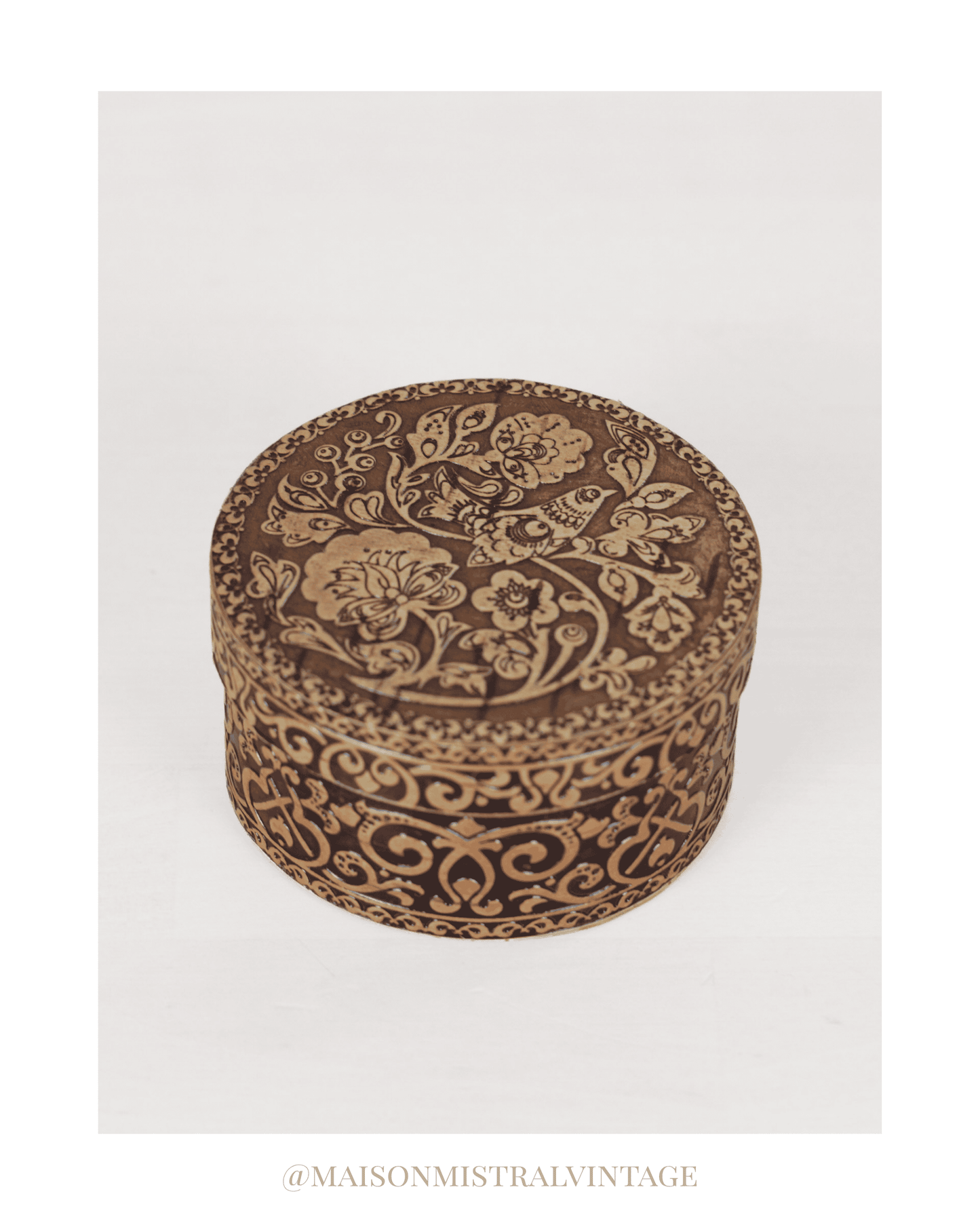 Vintage Russian Birch Bark Trinket Box with Bird Motif