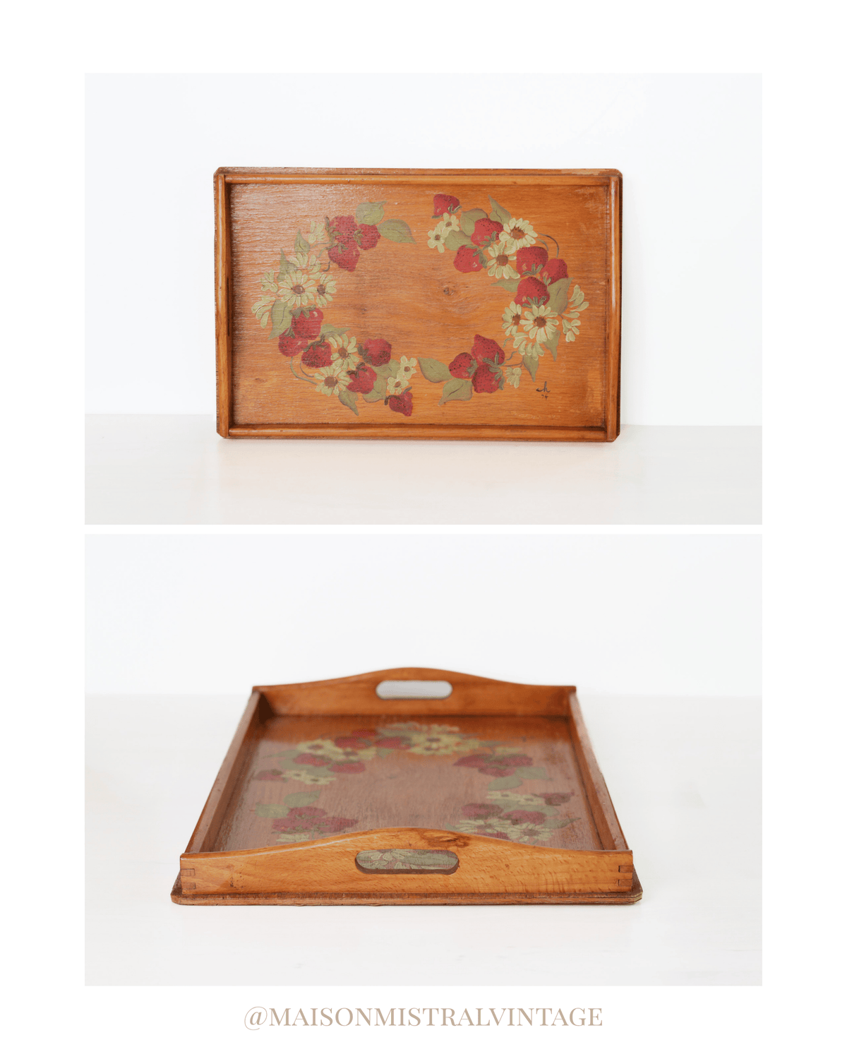 Vintage 1974 Hand-Painted Strawberry Wooden Tray