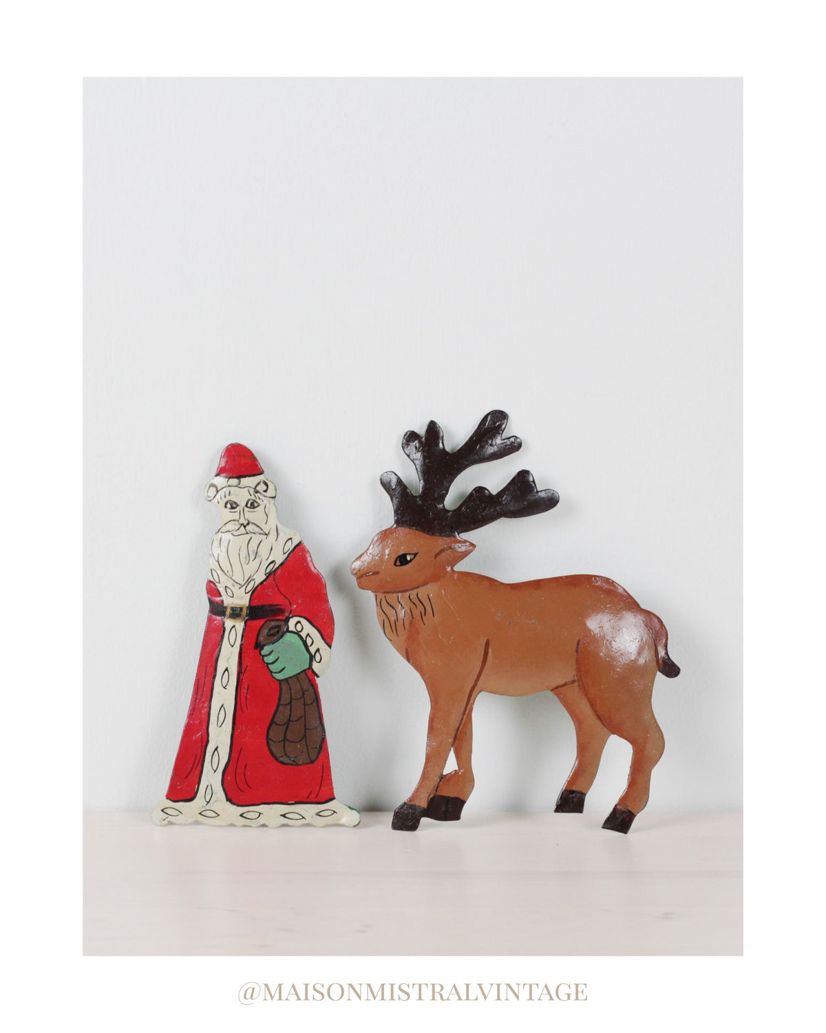 Vintage Set of Hand-Painted Metal Santa & Reindeer Christmas Ornaments