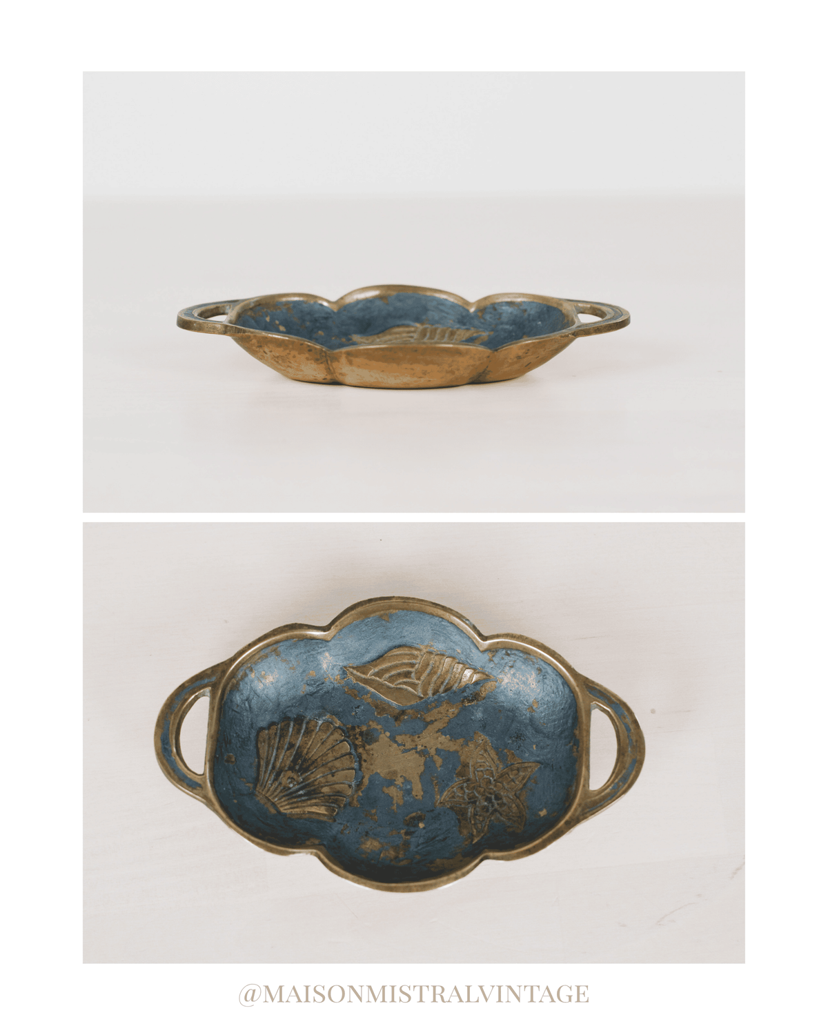 Vintage Enameled Brass Trinket Dish with Sea Shell Motifs