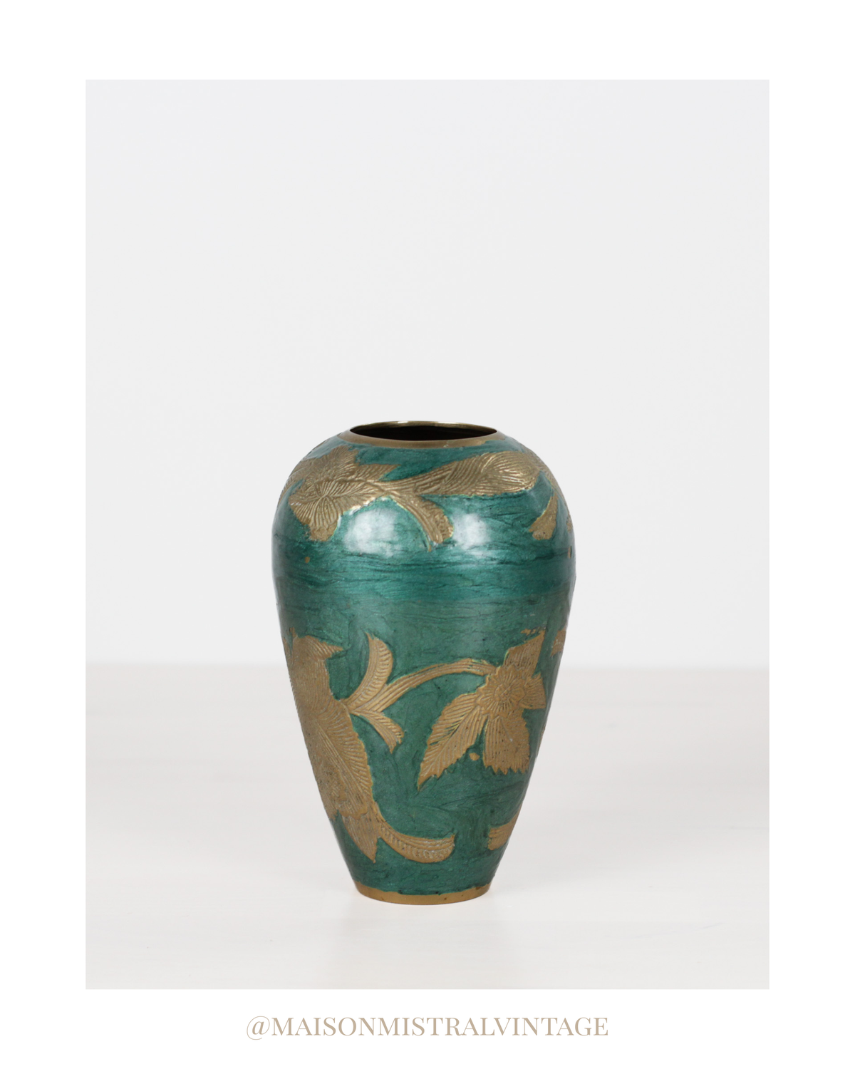 Vintage Green Enameled Brass Vase