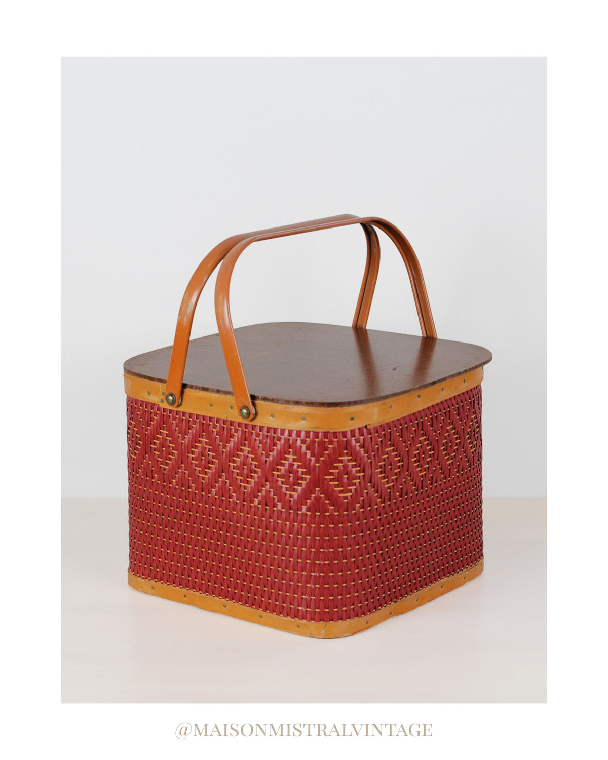 Vintage Mid-Century Red Woven Picnic Basket