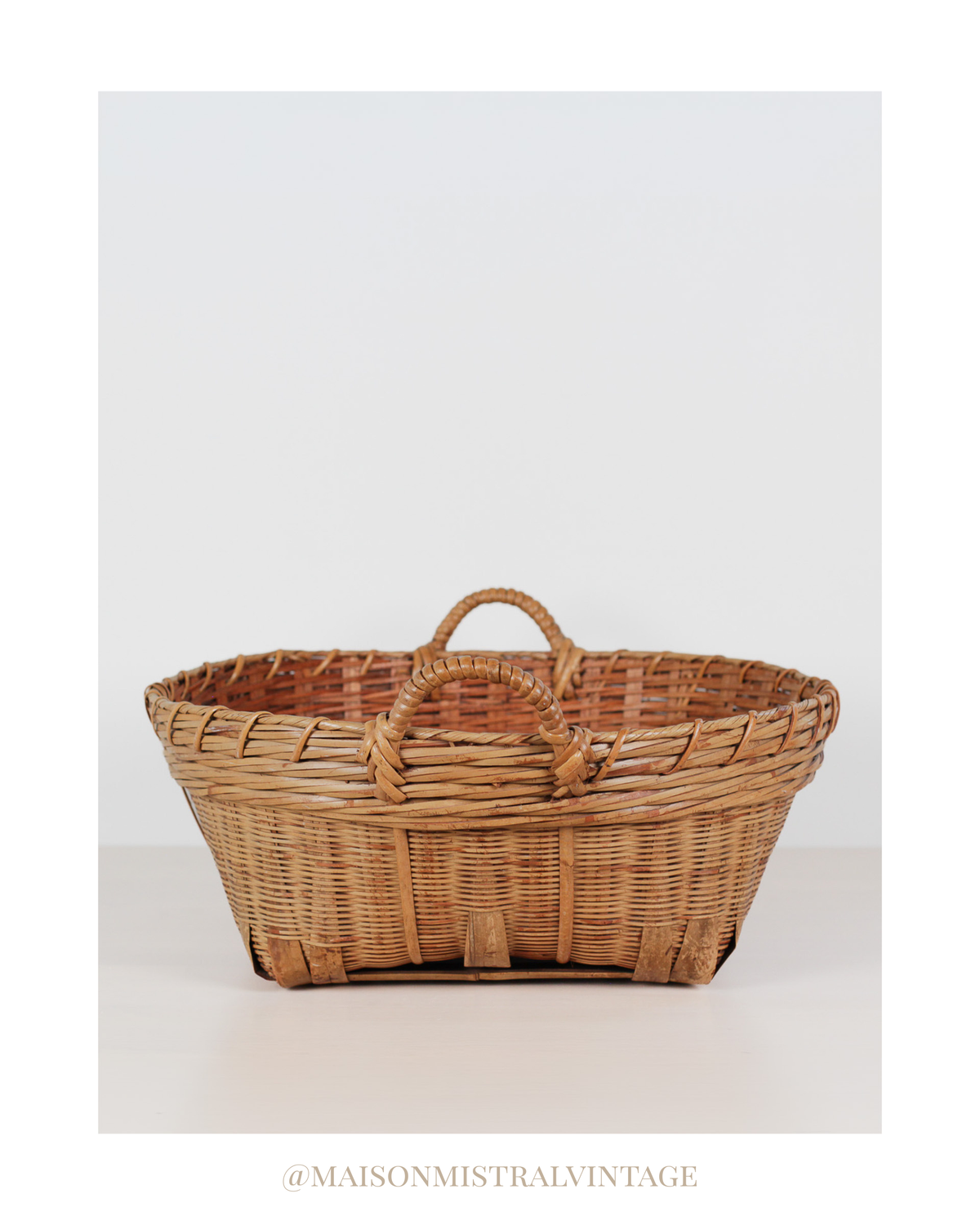 Vintage Large Bamboo & Rattan Woven Basket with Handles